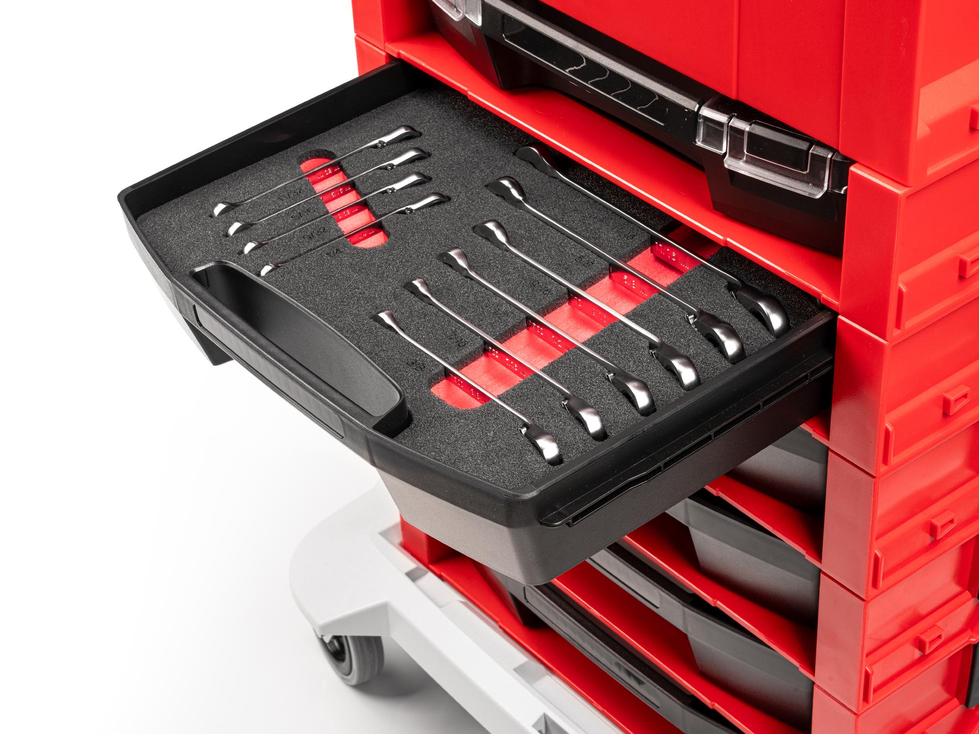 Front angled view of Tekton stacking organization system set in a tool cabinet drawer. Item #OLB94203.