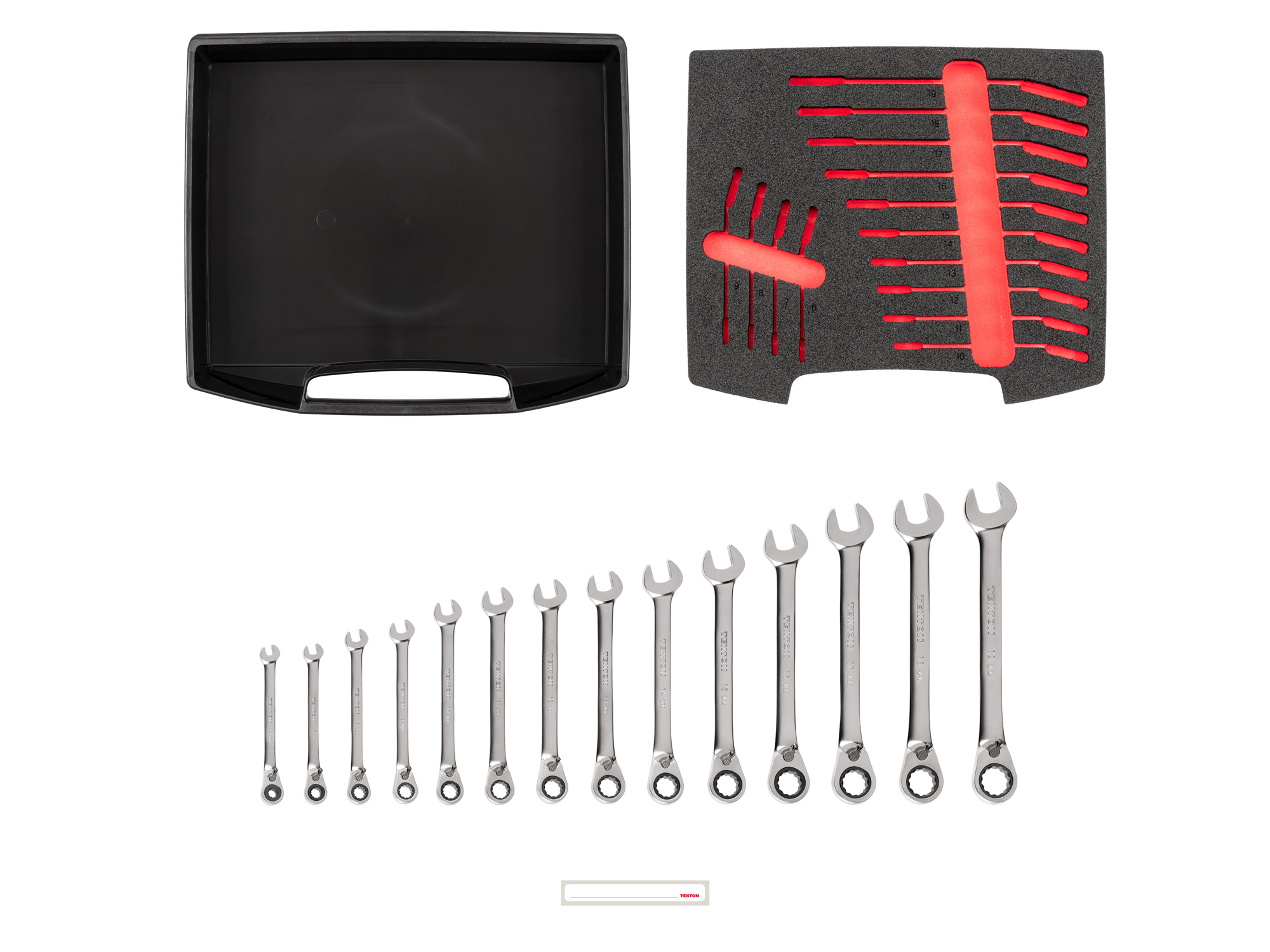 Set includes 6–19 mm (metric) reversible ratcheting combination wrenches with L-BOXX stacking organization system. No skipped sizes. OLB94204.