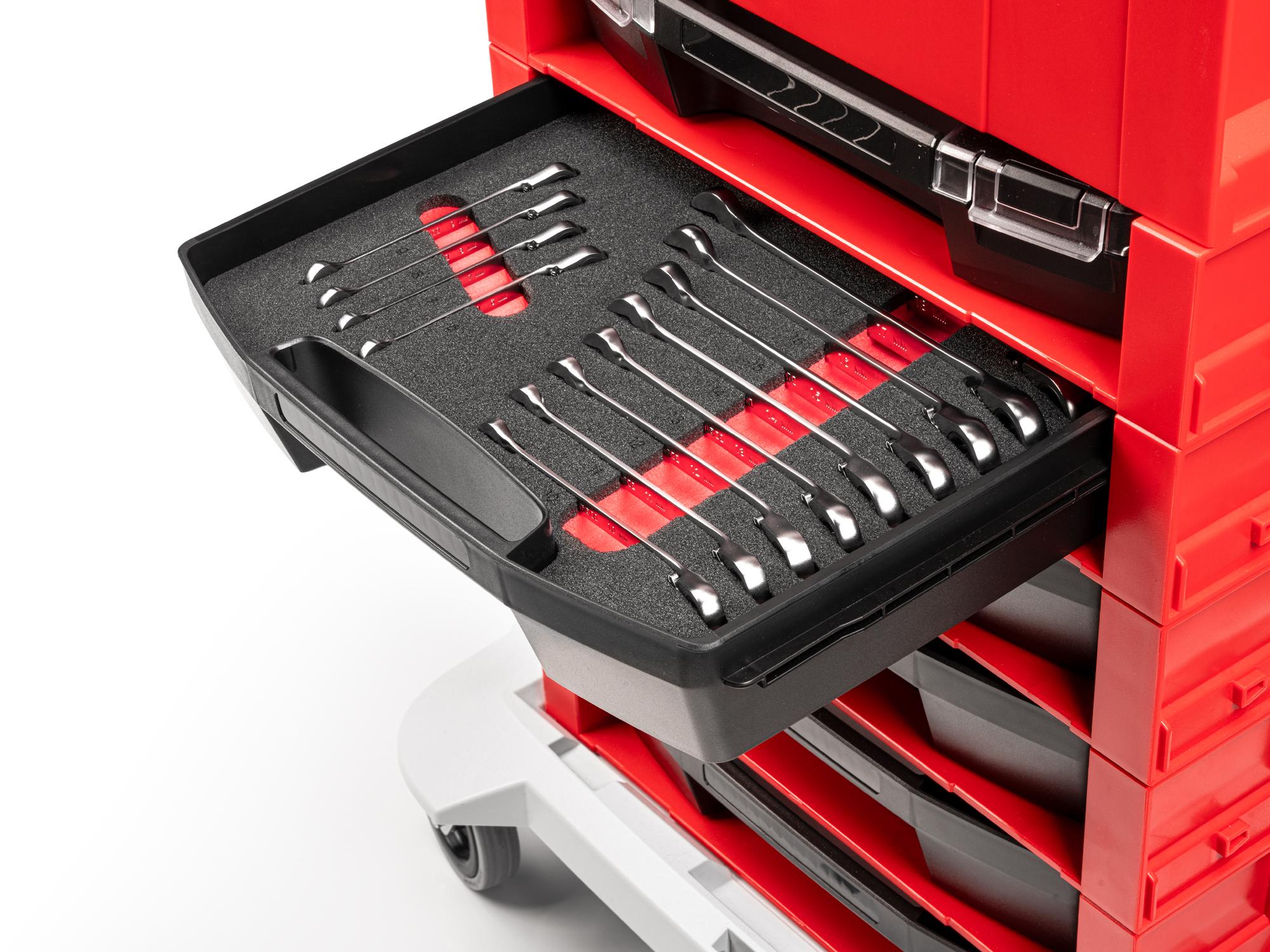 Front angled view of Tekton stacking organization system set in a tool cabinet drawer. Item #OLB94204.