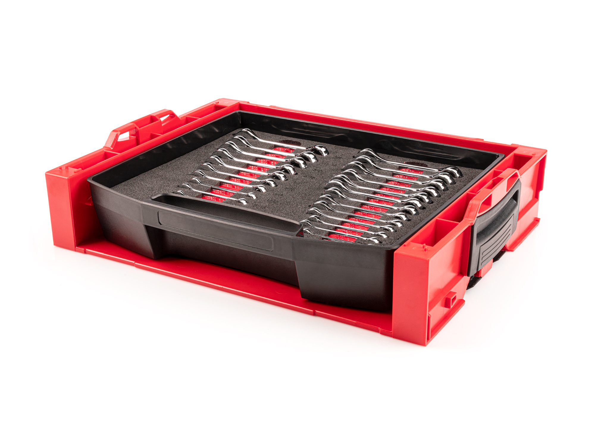 Set includes 1/4–3/4 inch (SAE) and 6–19 mm (metric) stubby combination wrenches with L-BOXX stacking organization system. No skipped sizes. OLB94205.