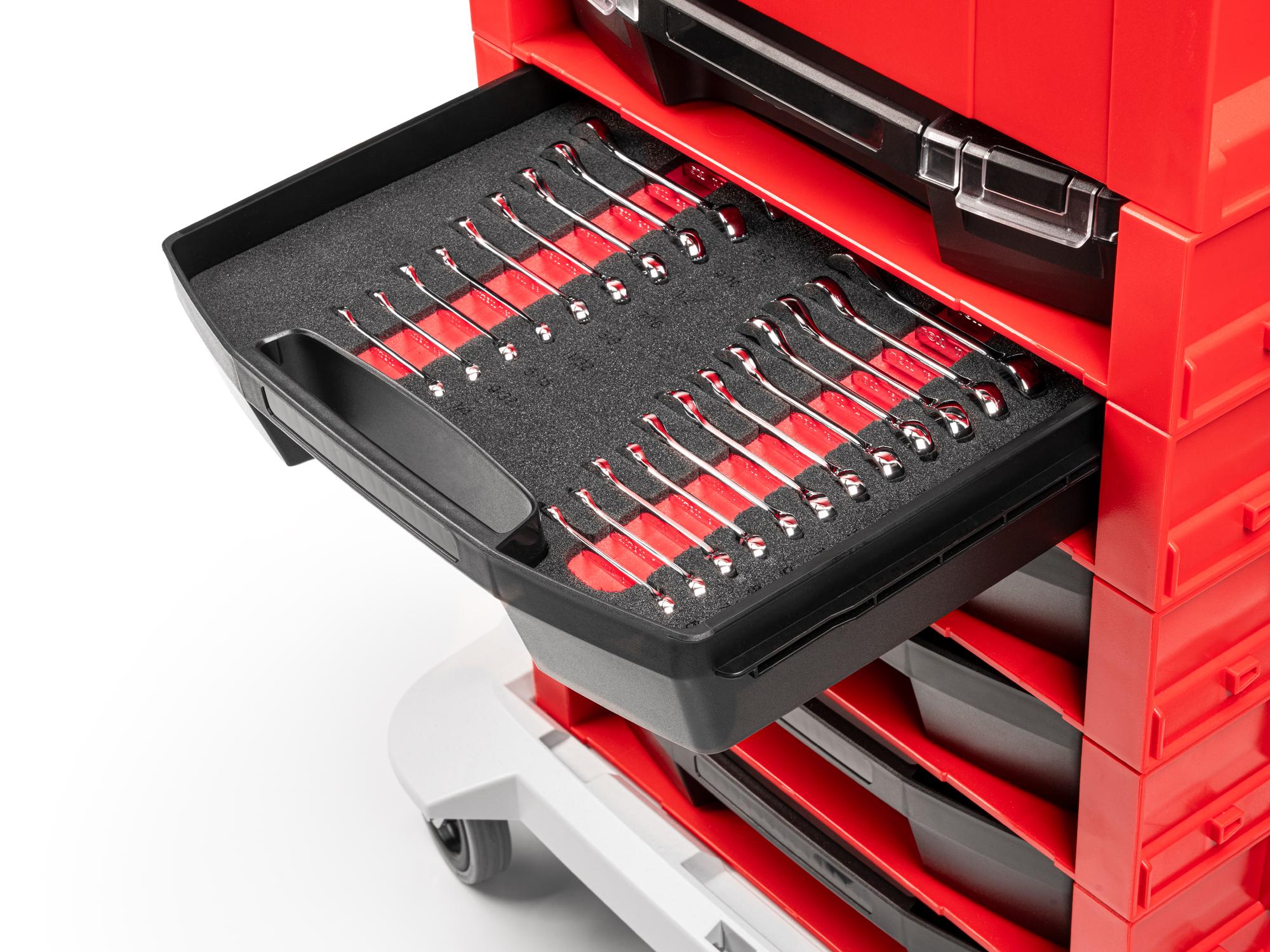 Front angled view of Tekton stacking organization system set in a tool cabinet drawer. Item #OLB94205.