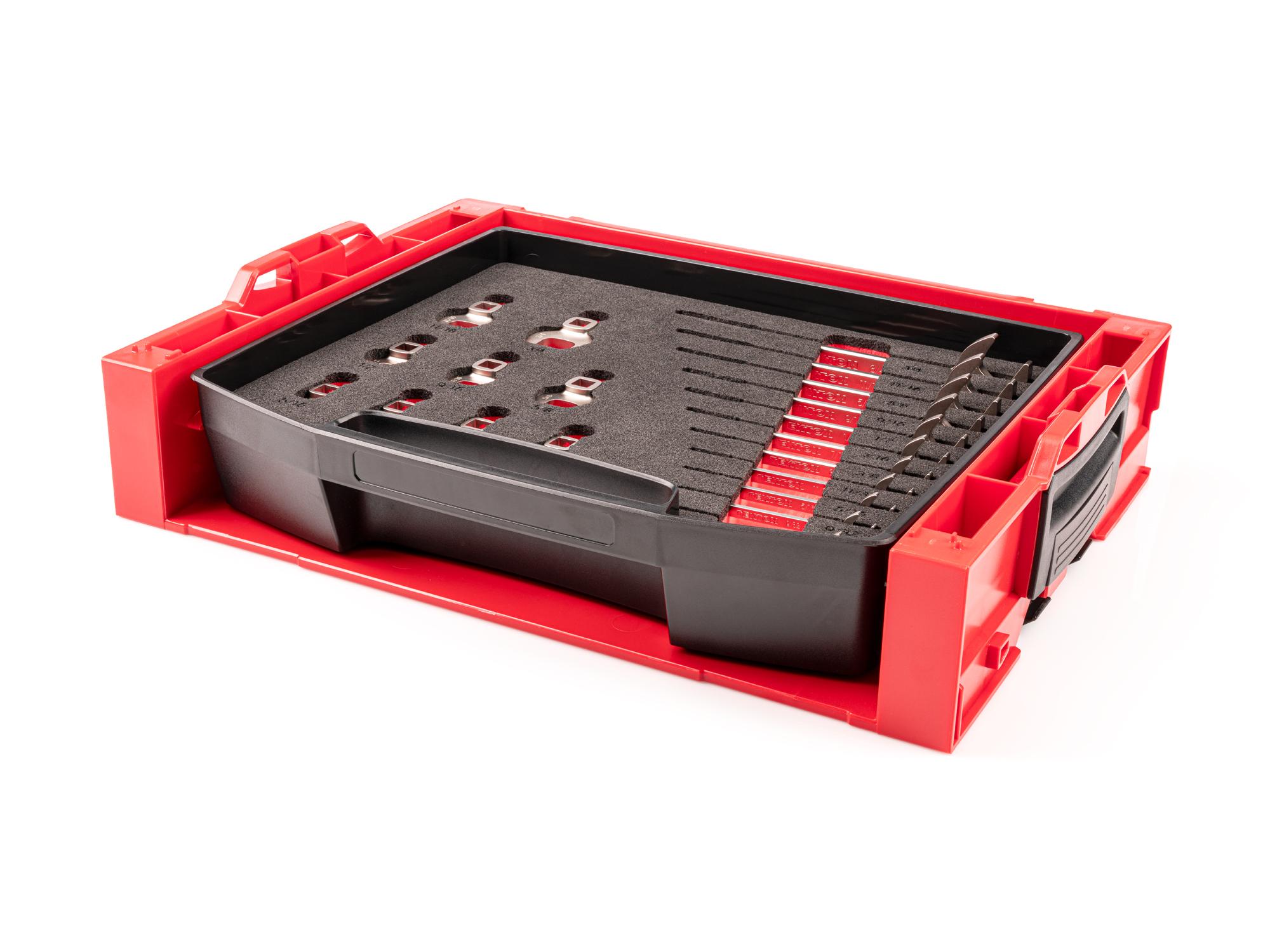 Front-right angle view of Tekton stacking organization system set. Item #OLB94206.