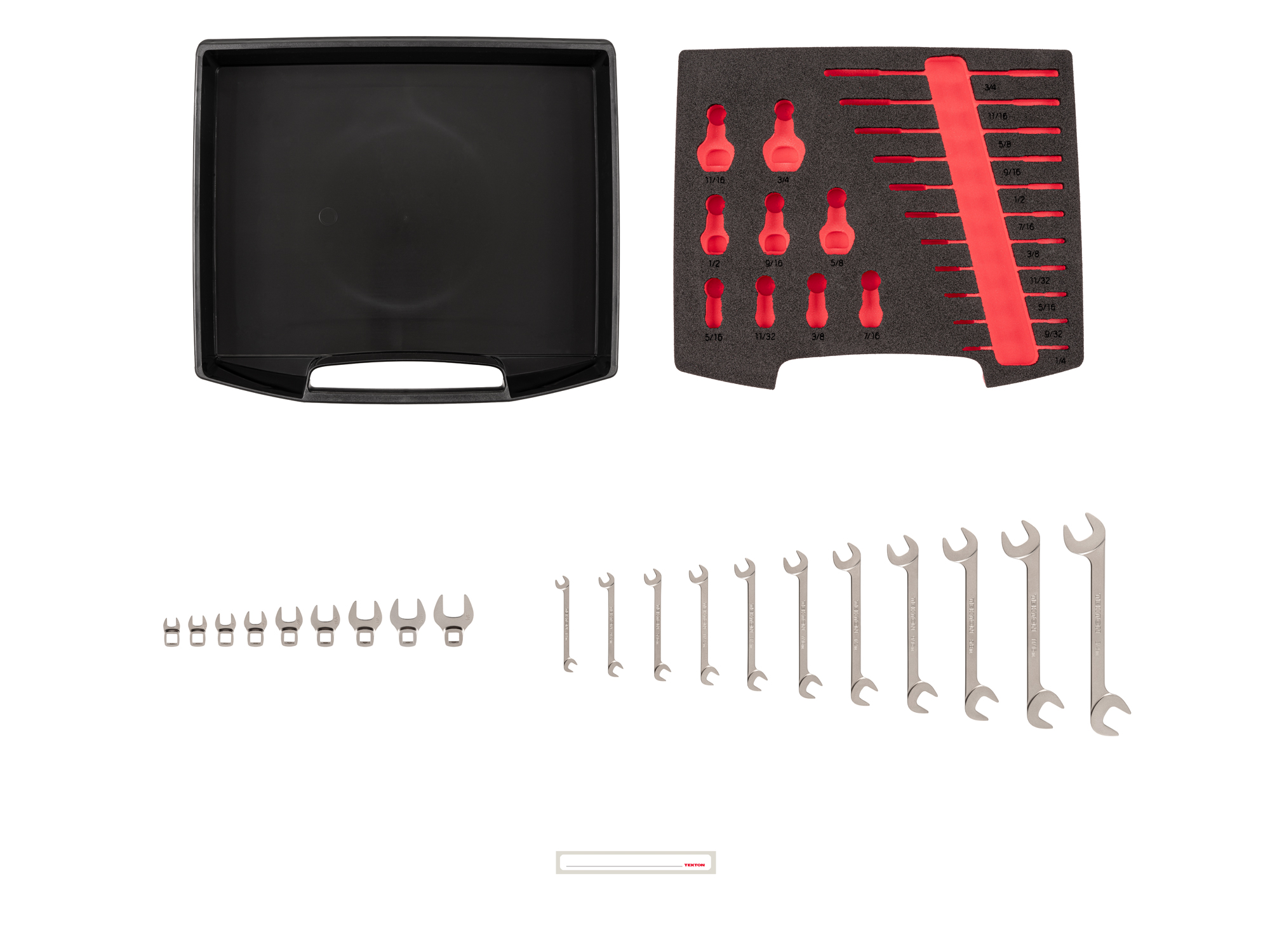 20-piece set includes 1/4–3/4 inch (SAE) angle head wrenches and 5/16–3/4 inch (SAE) 3/8 inch drive crowfoot wrenches with L-BOXX stacking organization system. No skipped sizes. Wrenches and foam made in USA. OLB94206.