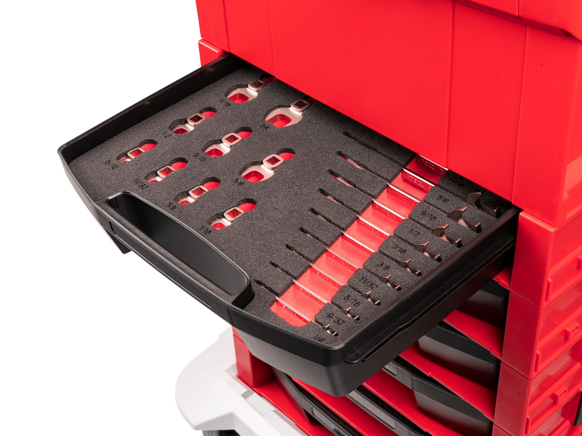 20-piece set includes 1/4–3/4 inch (SAE) angle head wrenches and 5/16–3/4 inch (SAE) 3/8 inch drive crowfoot wrenches with L-BOXX stacking organization system. No skipped sizes. Wrenches and foam made in USA. OLB94206.