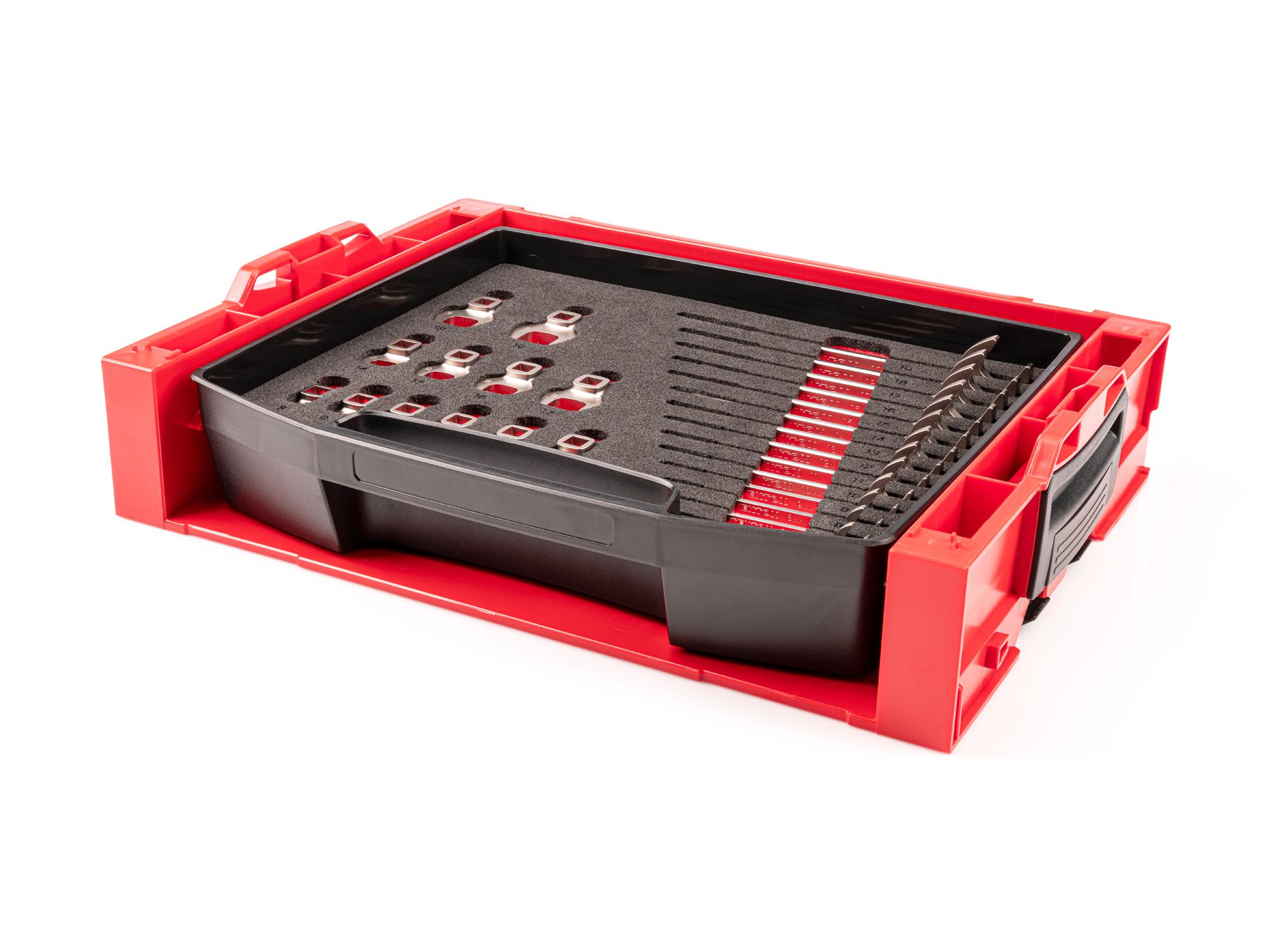 Front-right angle view of Tekton stacking organization system set. Item #OLB94207.