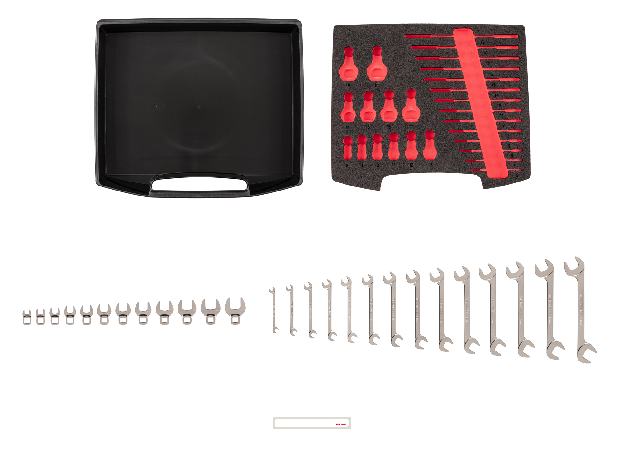 26-piece set includes 6–19 mm (metric) angle head wrenches and 8–19 mm (metric) 3/8 inch drive crowfoot wrenches in foam. No skipped sizes. OLB94207.