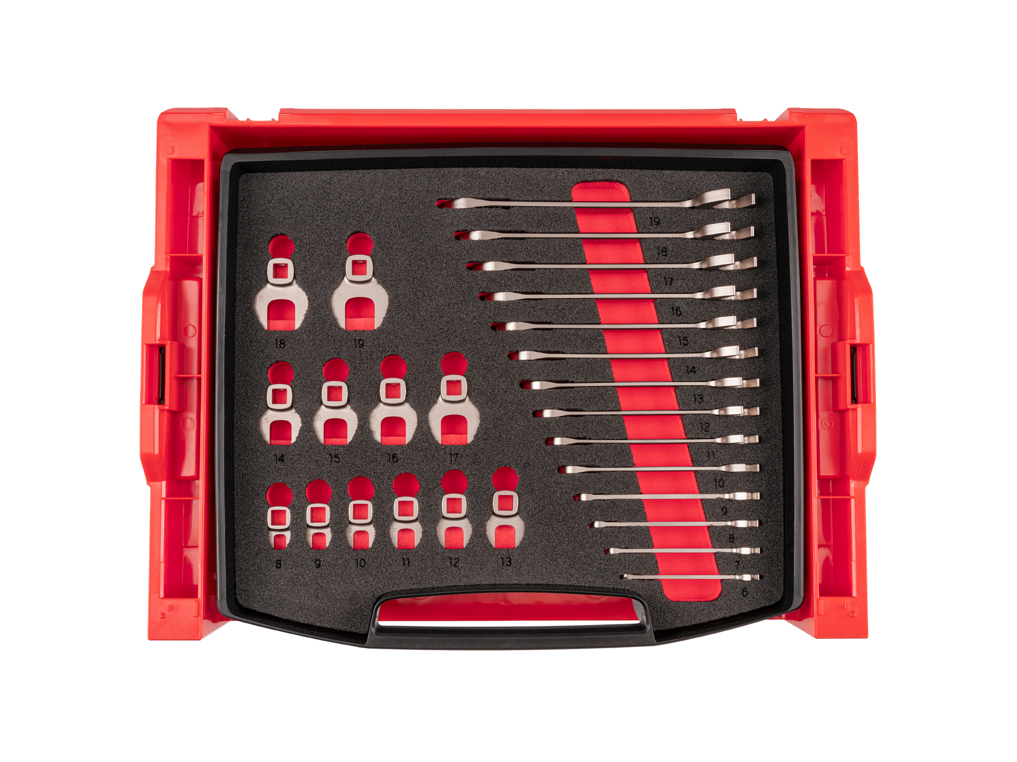 26-piece set includes 6–19 mm (metric) angle head wrenches and 8–19 mm (metric) 3/8 inch drive crowfoot wrenches in foam. No skipped sizes. OLB94207.