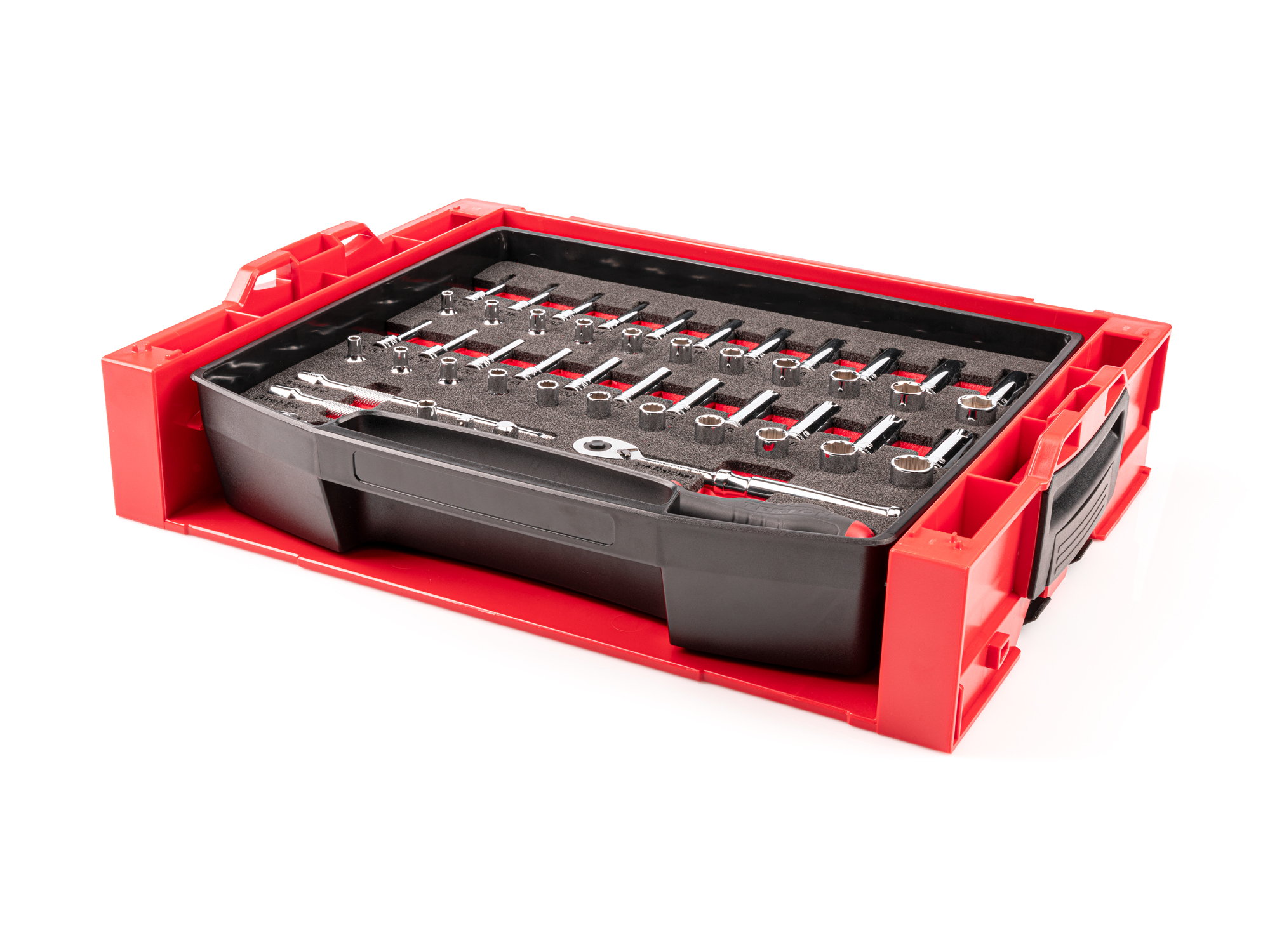 52-piece set includes 5/32–9/16 inch (SAE) 6-point and 12-point standard and deep length hand drive sockets and accessories in foam. No skipped sizes. OLB94301.