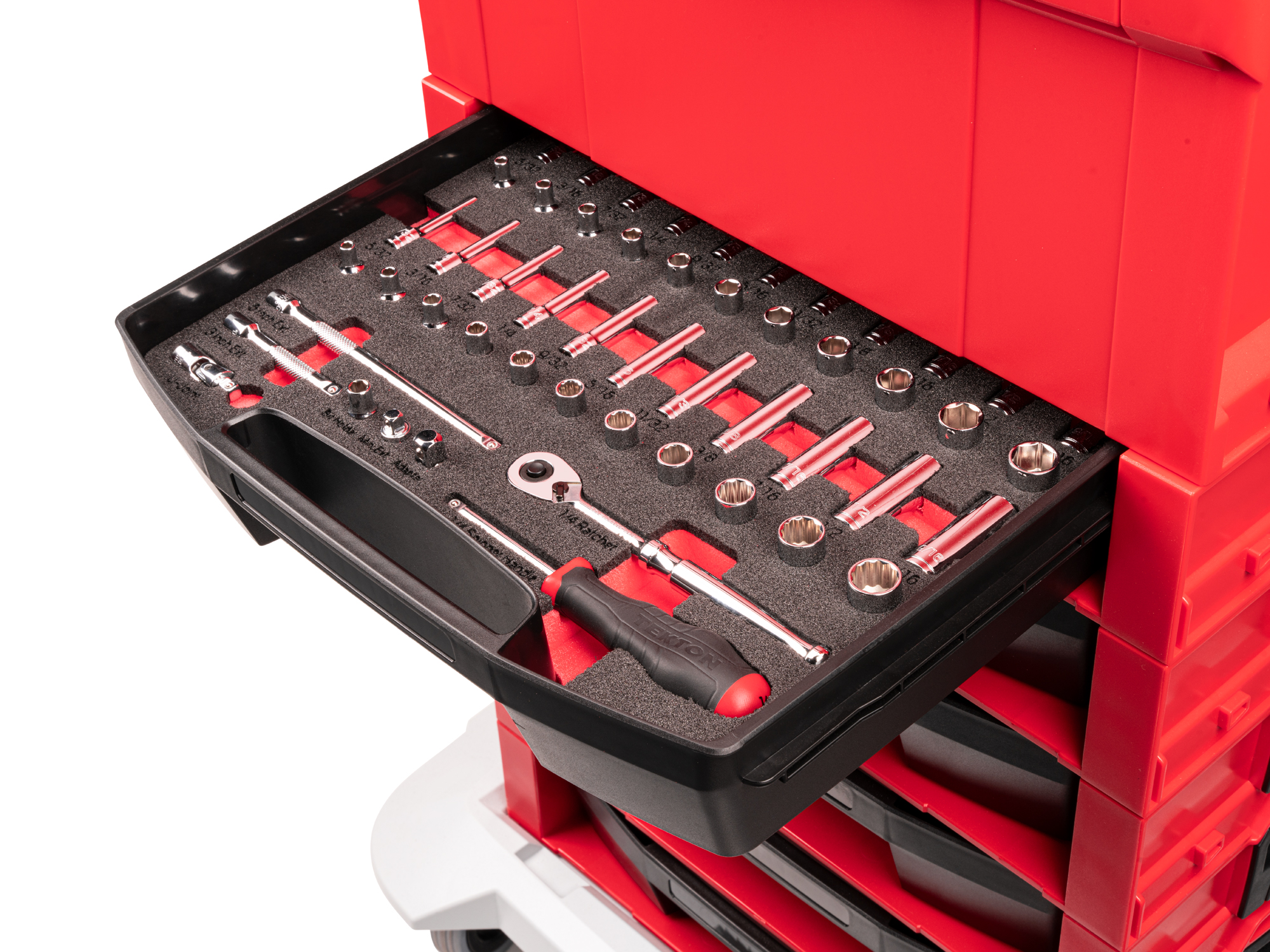 52-piece set includes 5/32–9/16 inch (SAE) 6-point and 12-point standard and deep length hand drive sockets and accessories in foam. No skipped sizes. OLB94301.