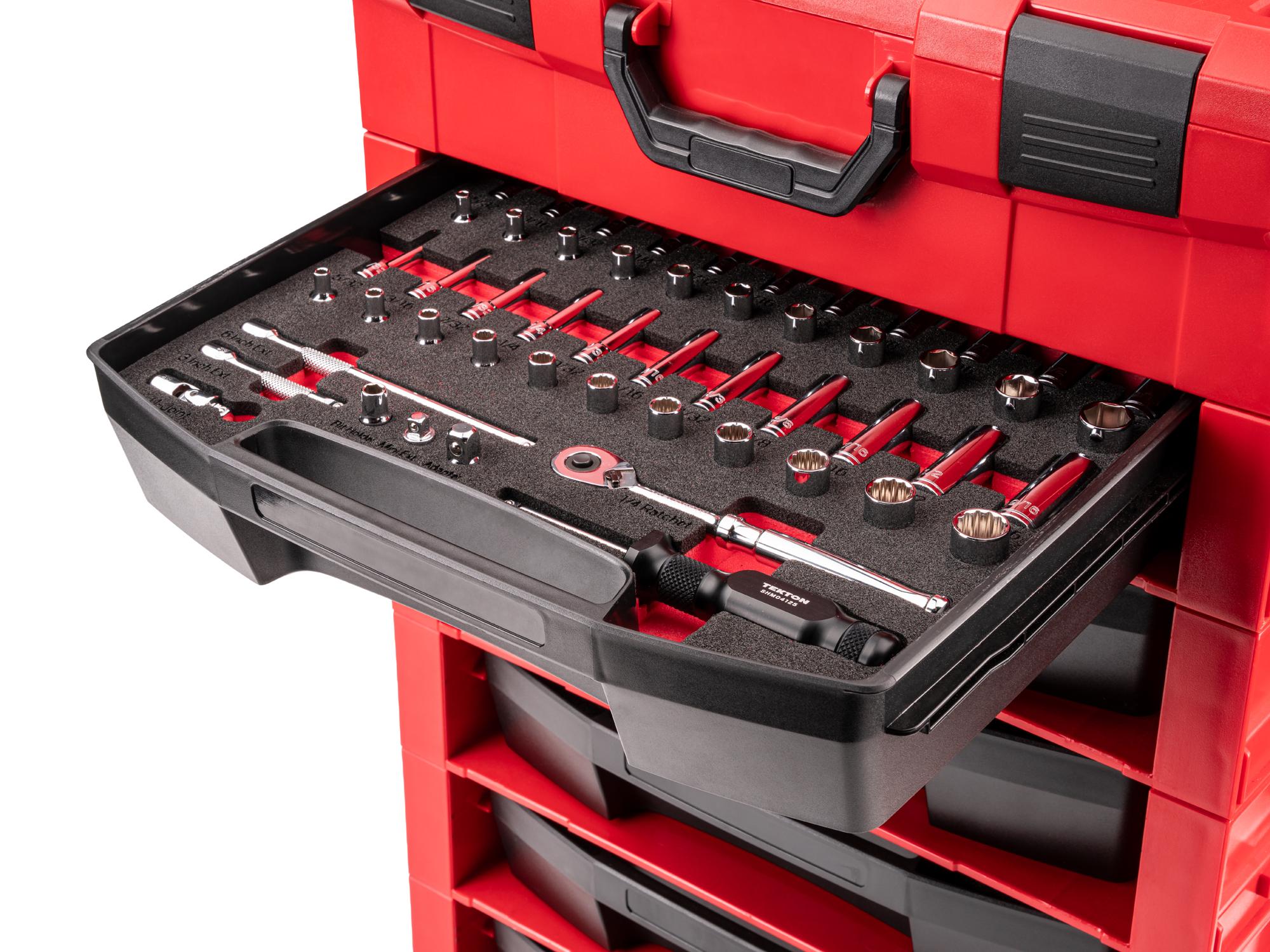 Front angled view of Tekton stacking organization system set in a tool cabinet drawer. Item #OLB94301.