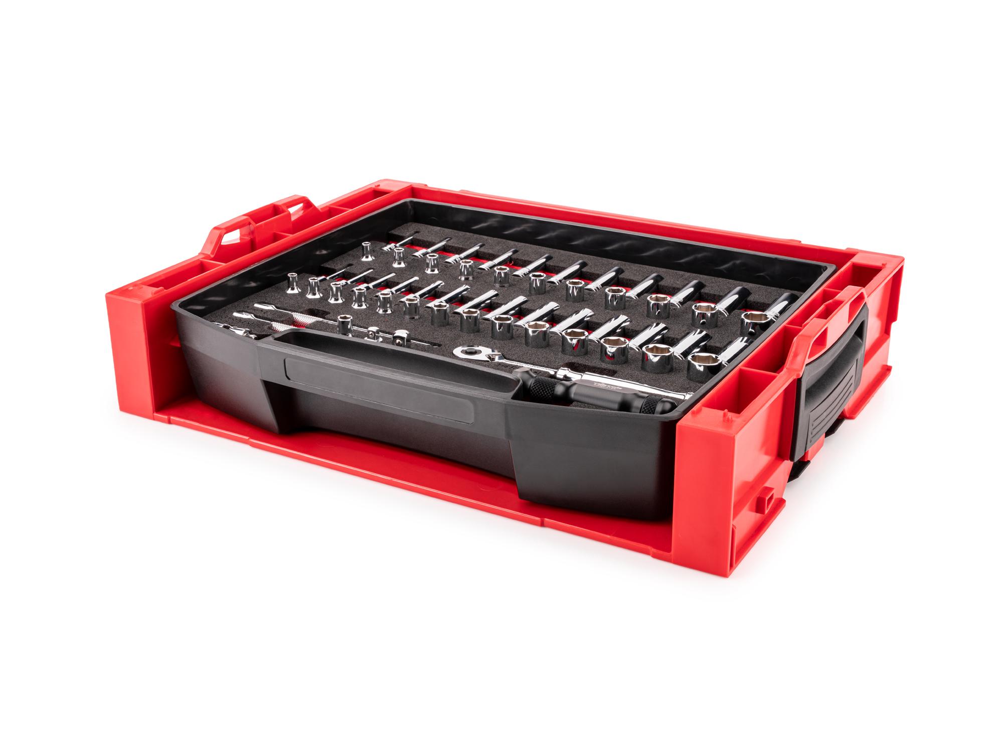 Front-right angle view of Tekton stacking organization system set. Item #OLB94303.
