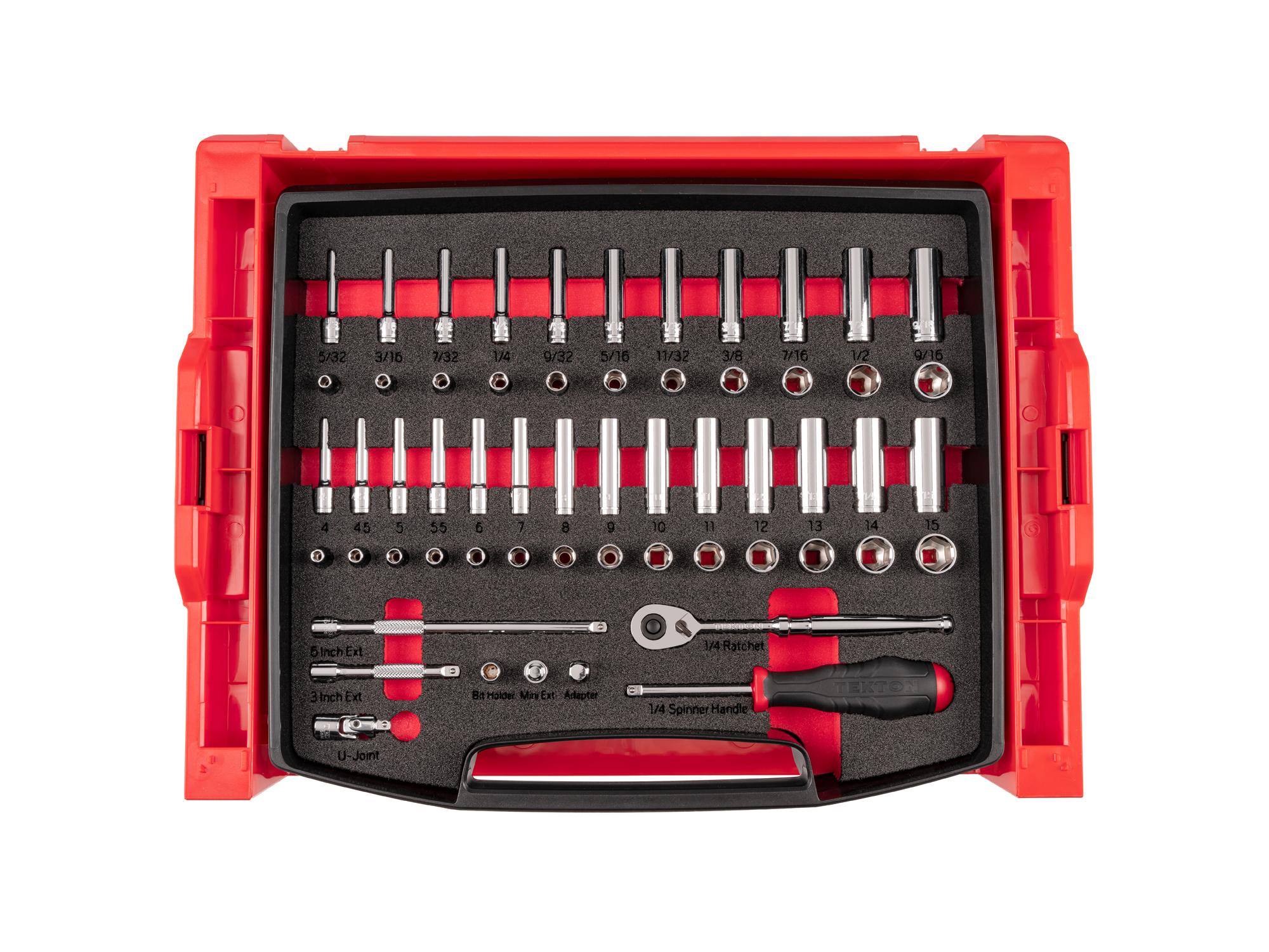 1/4 Inch Drive Shallow and Deep 6-Point Socket and Ratchet Set with Open Top Drawer and Rack (58-Piece)