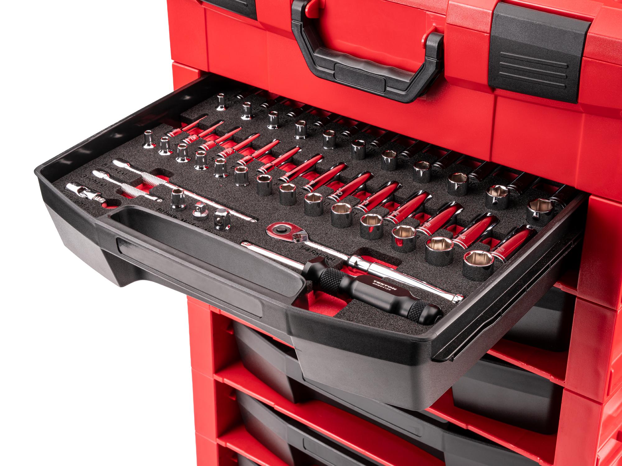 Front angled view of Tekton stacking organization system set in a tool cabinet drawer. Item #OLB94303.