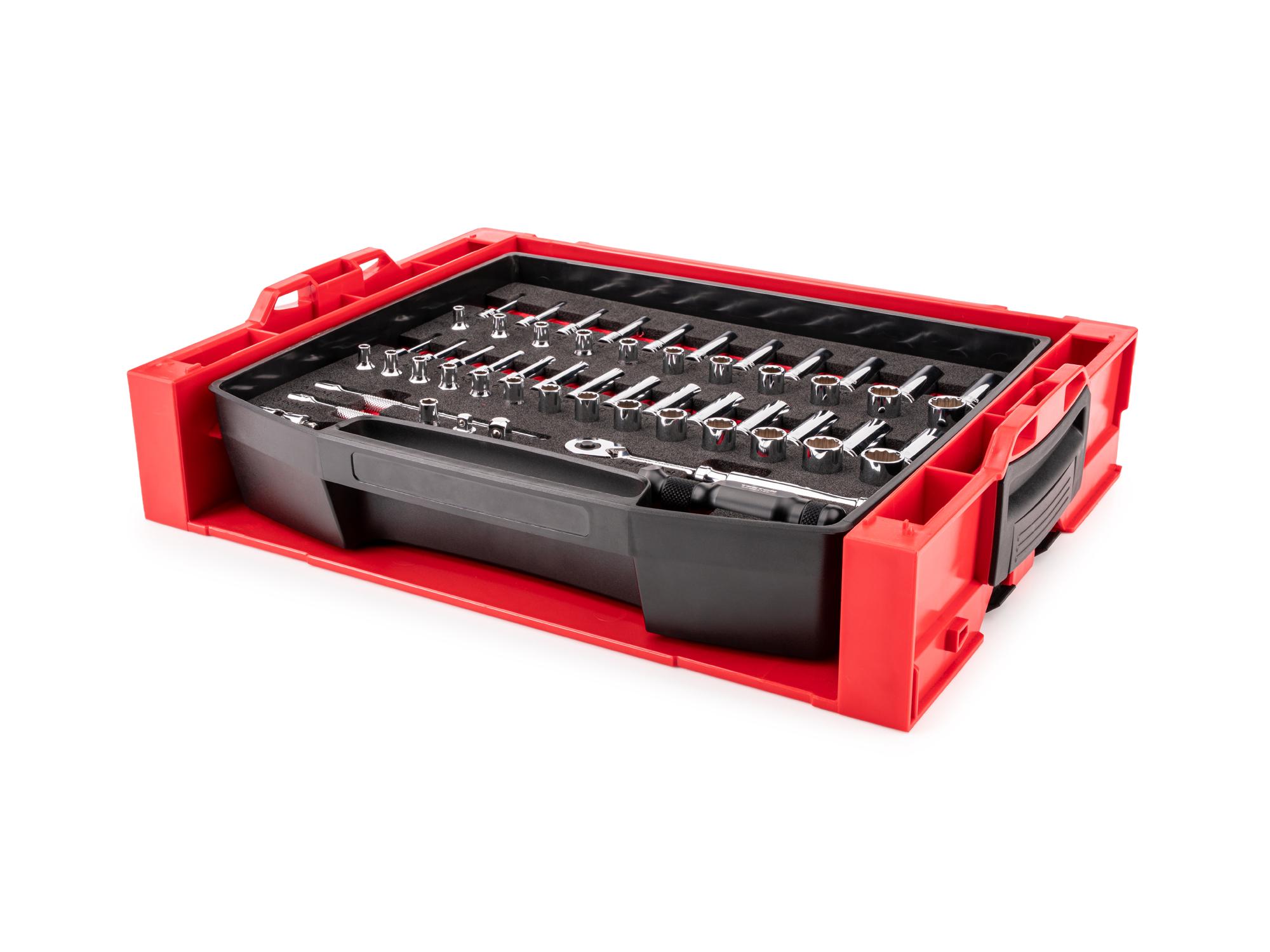 Front-right angle view of Tekton stacking organization system set. Item #OLB94304.