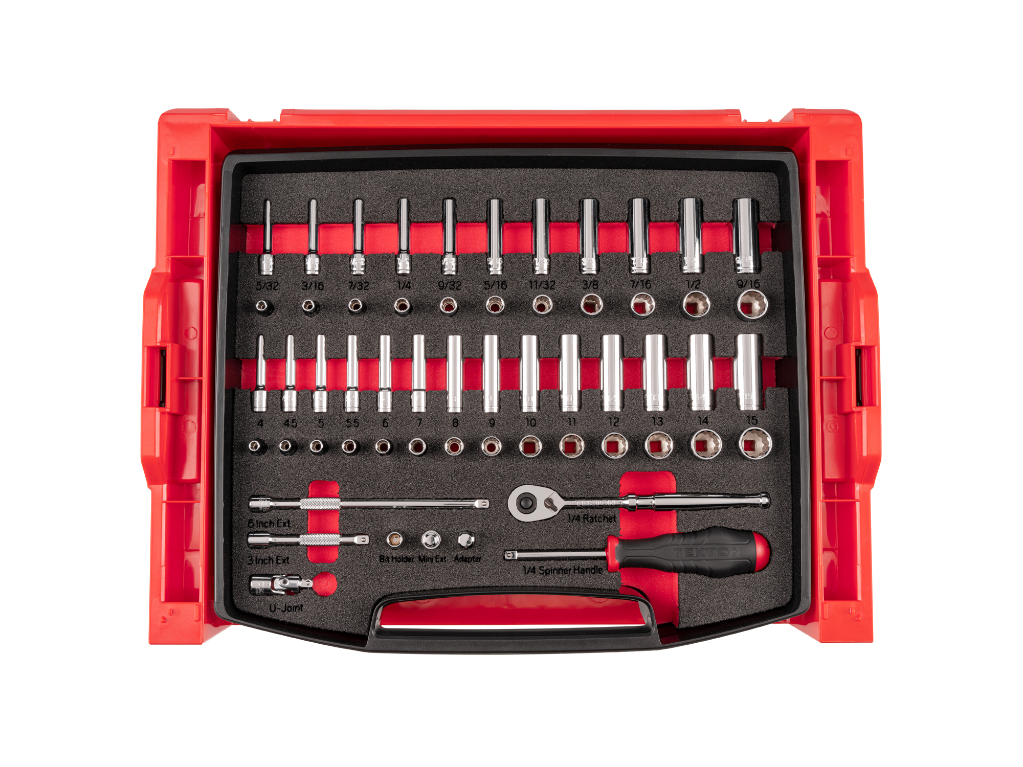 58-piece set includes 5/32–9/16 inch (SAE), 4–15 mm (metric) 12-point standard and deep length sockets and accessories in foam. No skipped sizes. OLB94304.