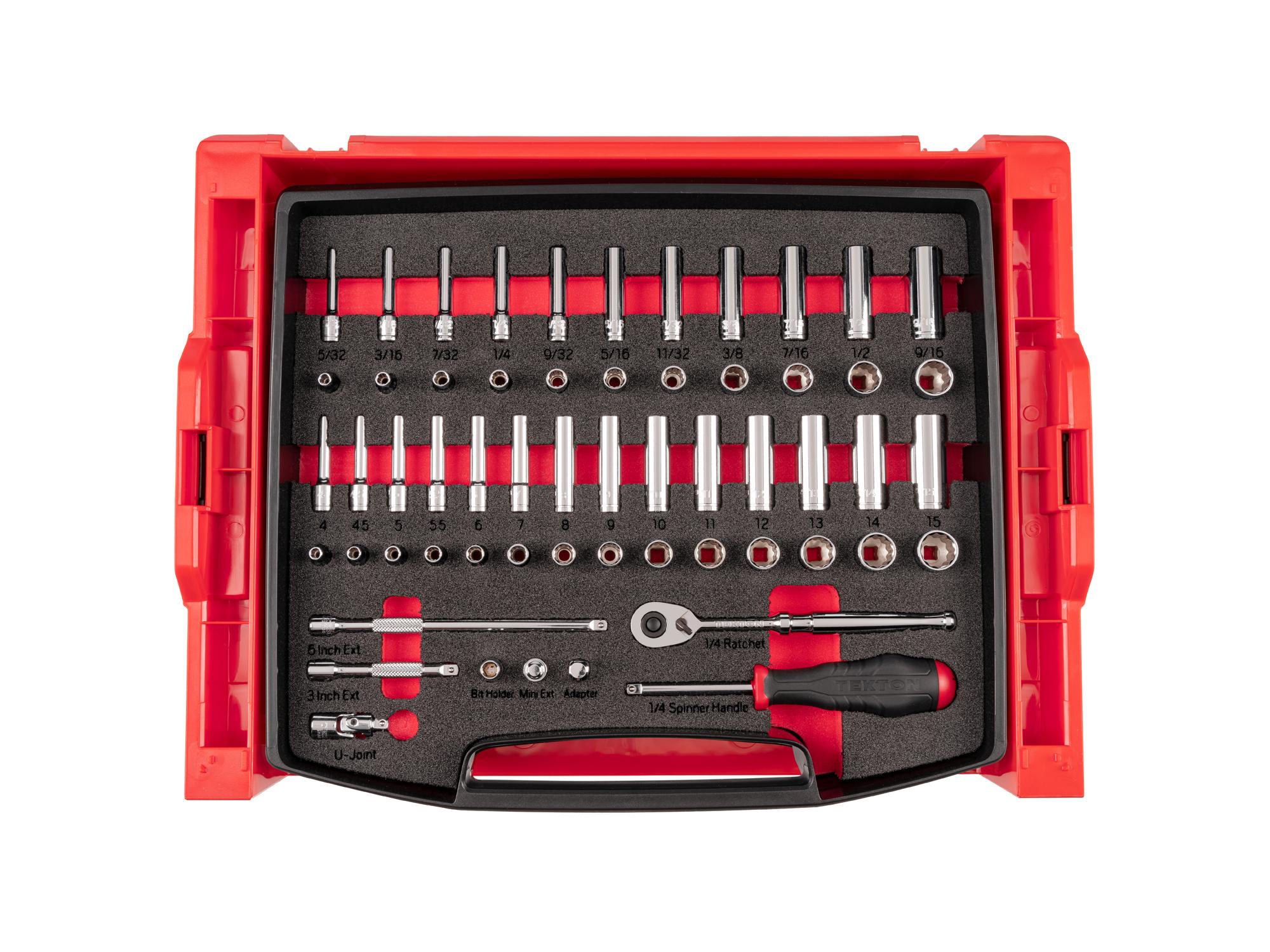 1/4 Inch Drive Shallow and Deep 12-Point Socket and Ratchet Set with Open Top Drawer and Rack (58-Piece)