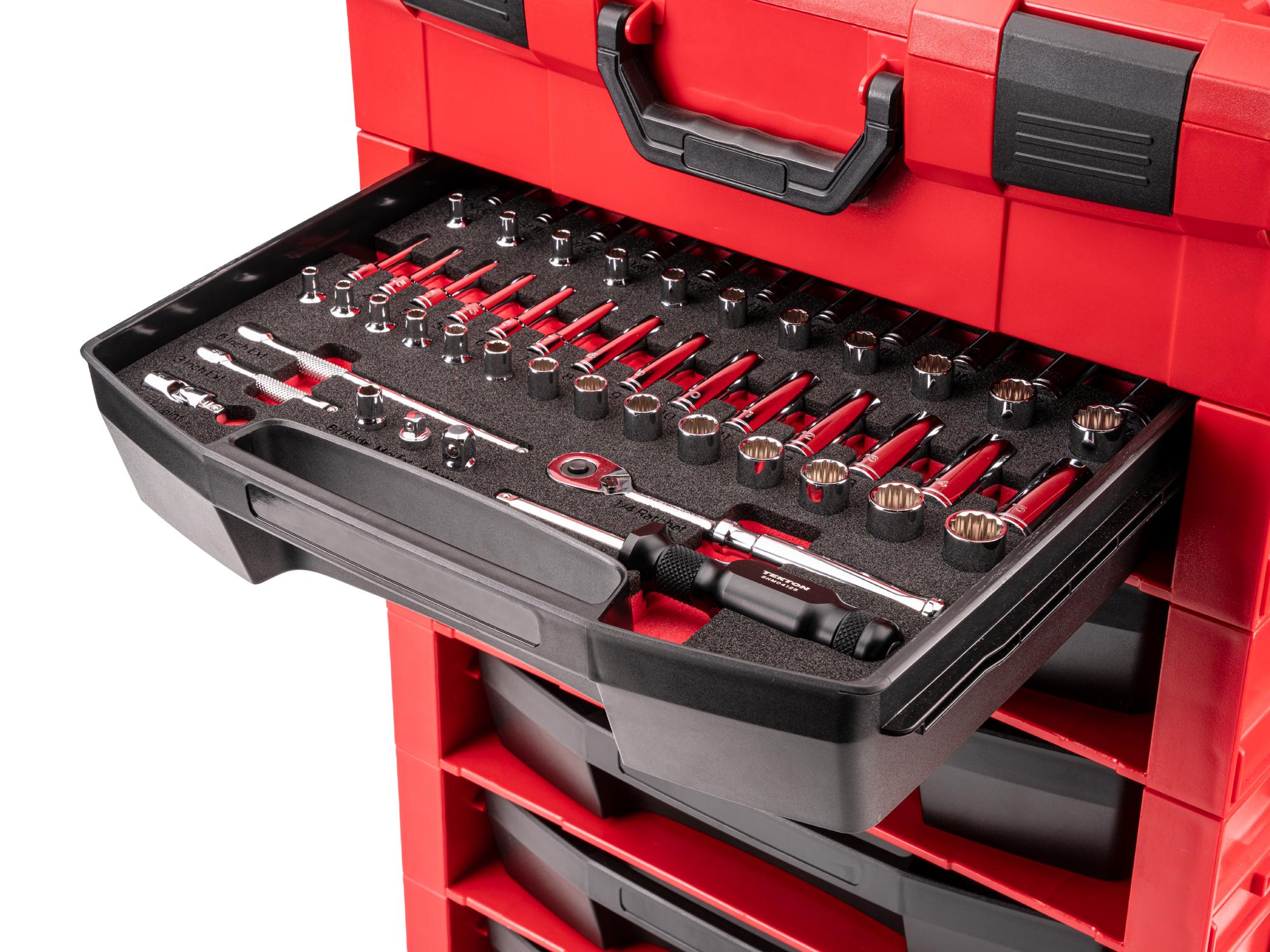 Front angled view of Tekton stacking organization system set in a tool cabinet drawer. Item #OLB94304.