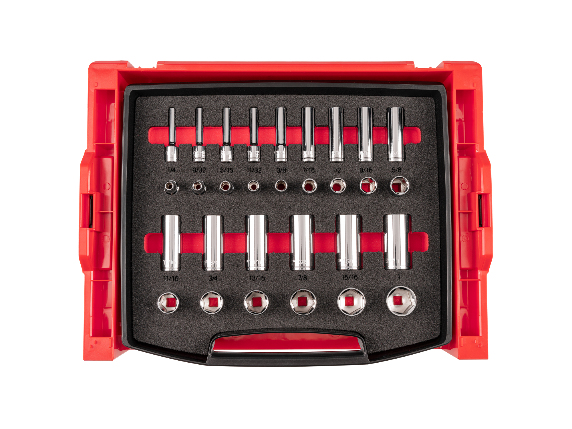 30-piece set includes 1/4–1 inch (SAE) 6-point standard and deep length hand drive sockets with L-BOXX stacking organization system. No skipped sizes. OLB94305.