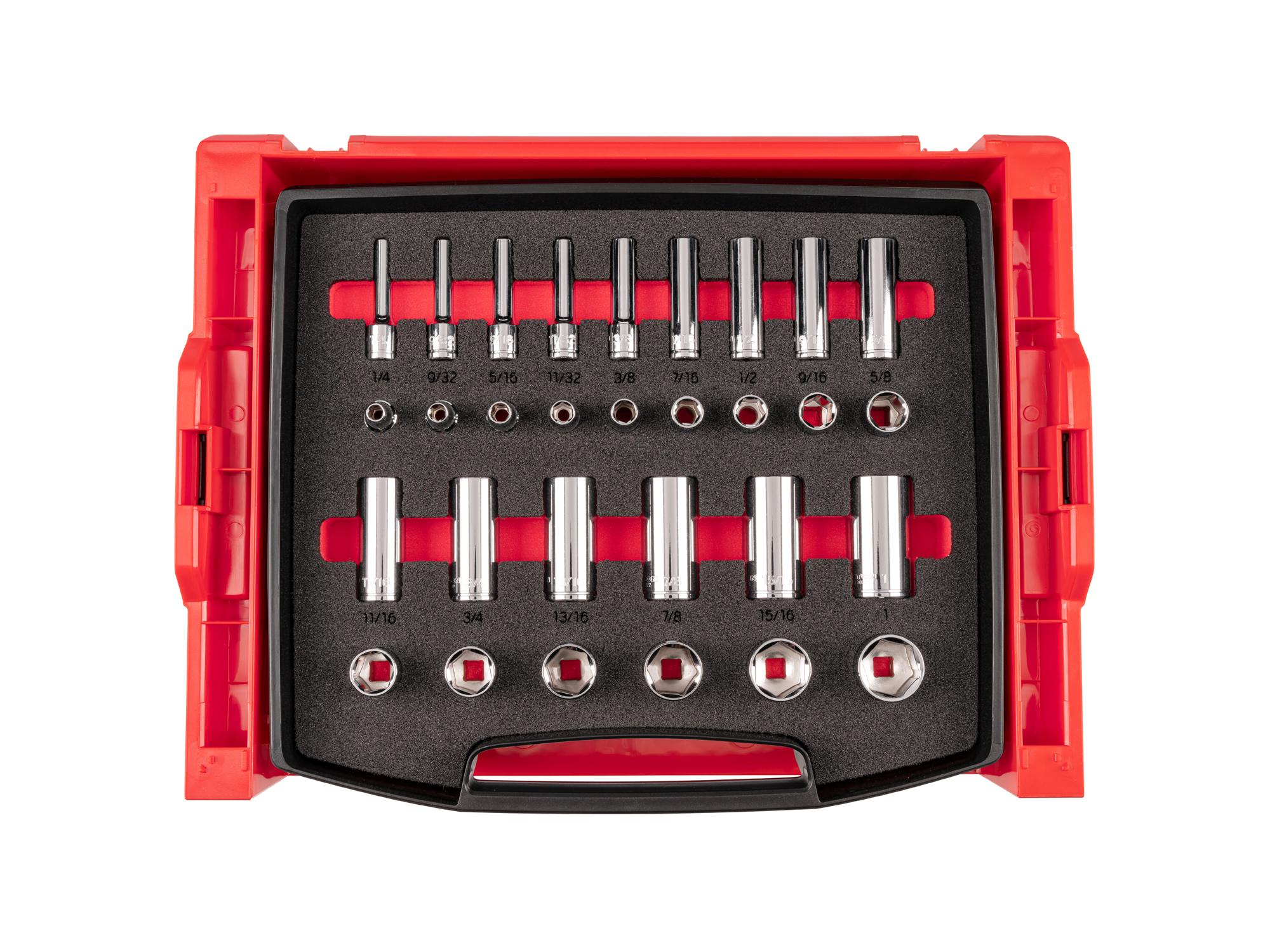 3/8 Inch Drive Shallow and Deep 6-Point Socket Set with Open Top Drawer and Rack (30-Piece)