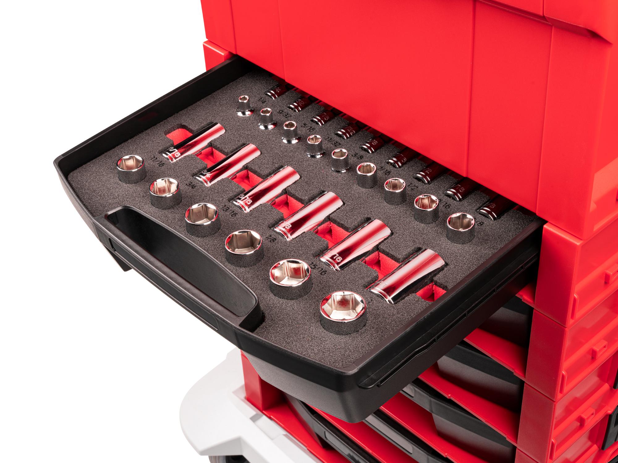 Front angled view of Tekton stacking organization system set in a tool cabinet drawer. Item #OLB94305.