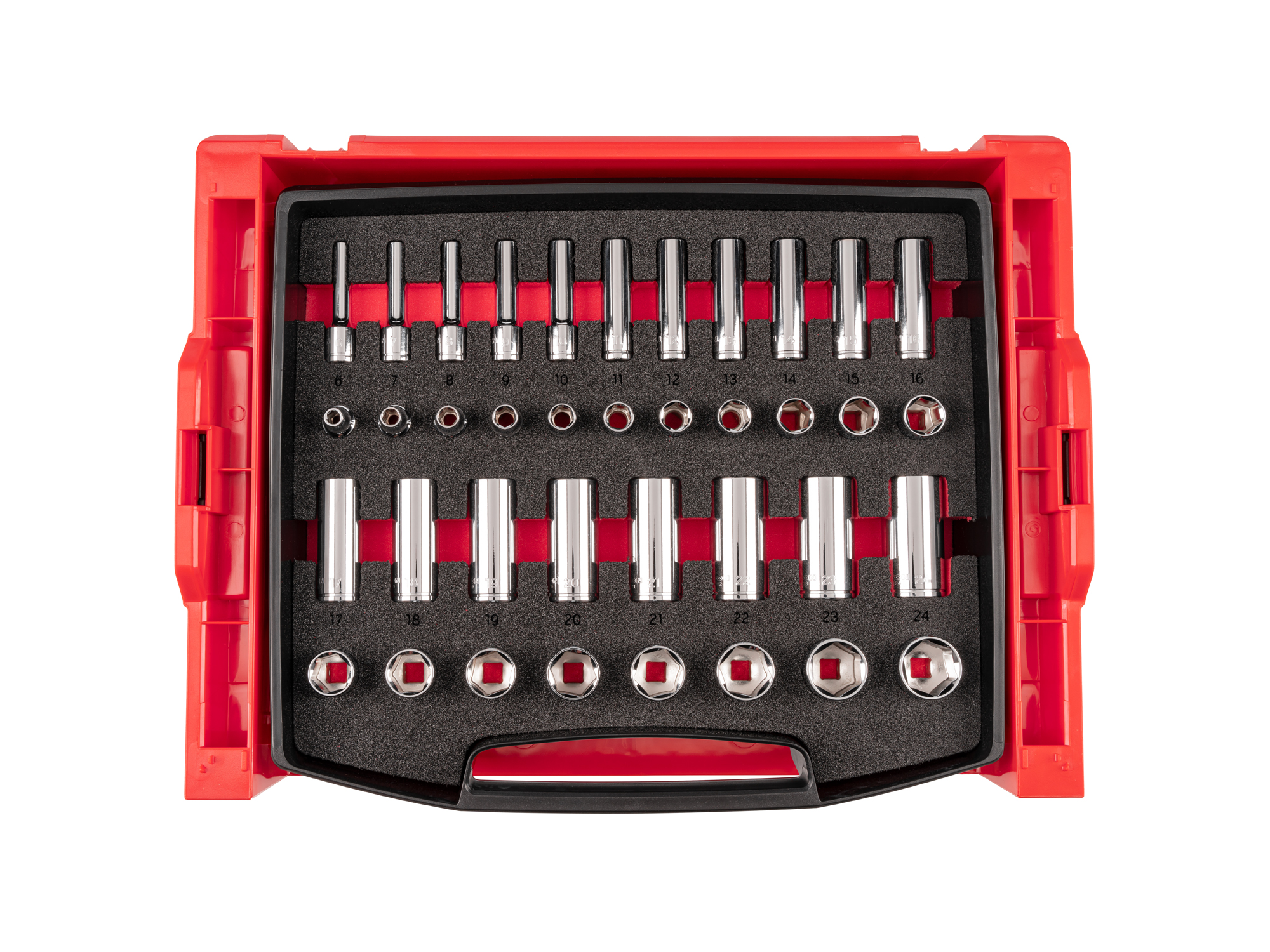 38-piece set includes 6–24 mm (SAE) 6-point standard and deep length hand drive sockets with L-BOXX stacking organization system. No skipped sizes. OLB94307.