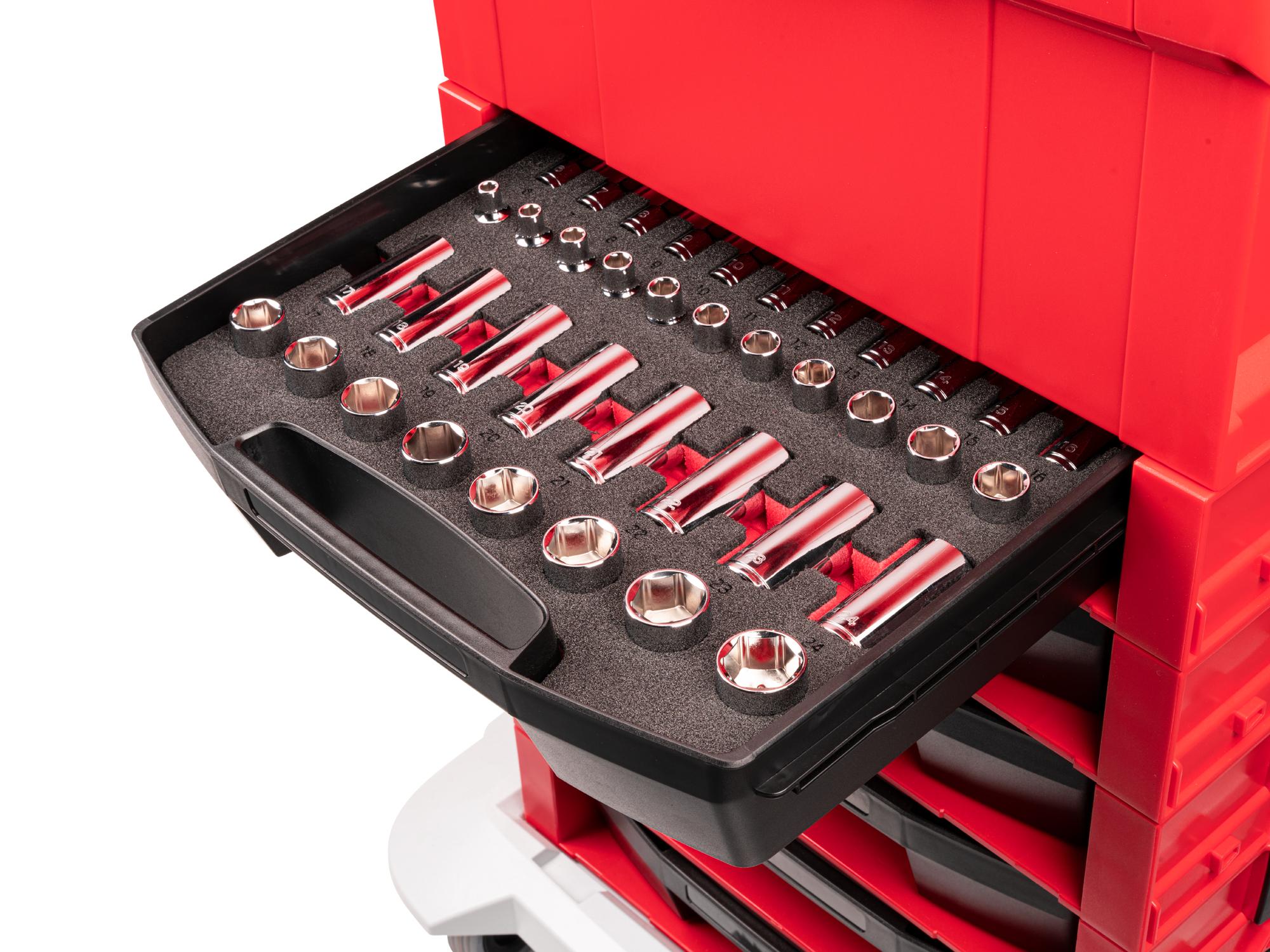 Front angled view of Tekton stacking organization system set in a tool cabinet drawer. Item #OLB94307.