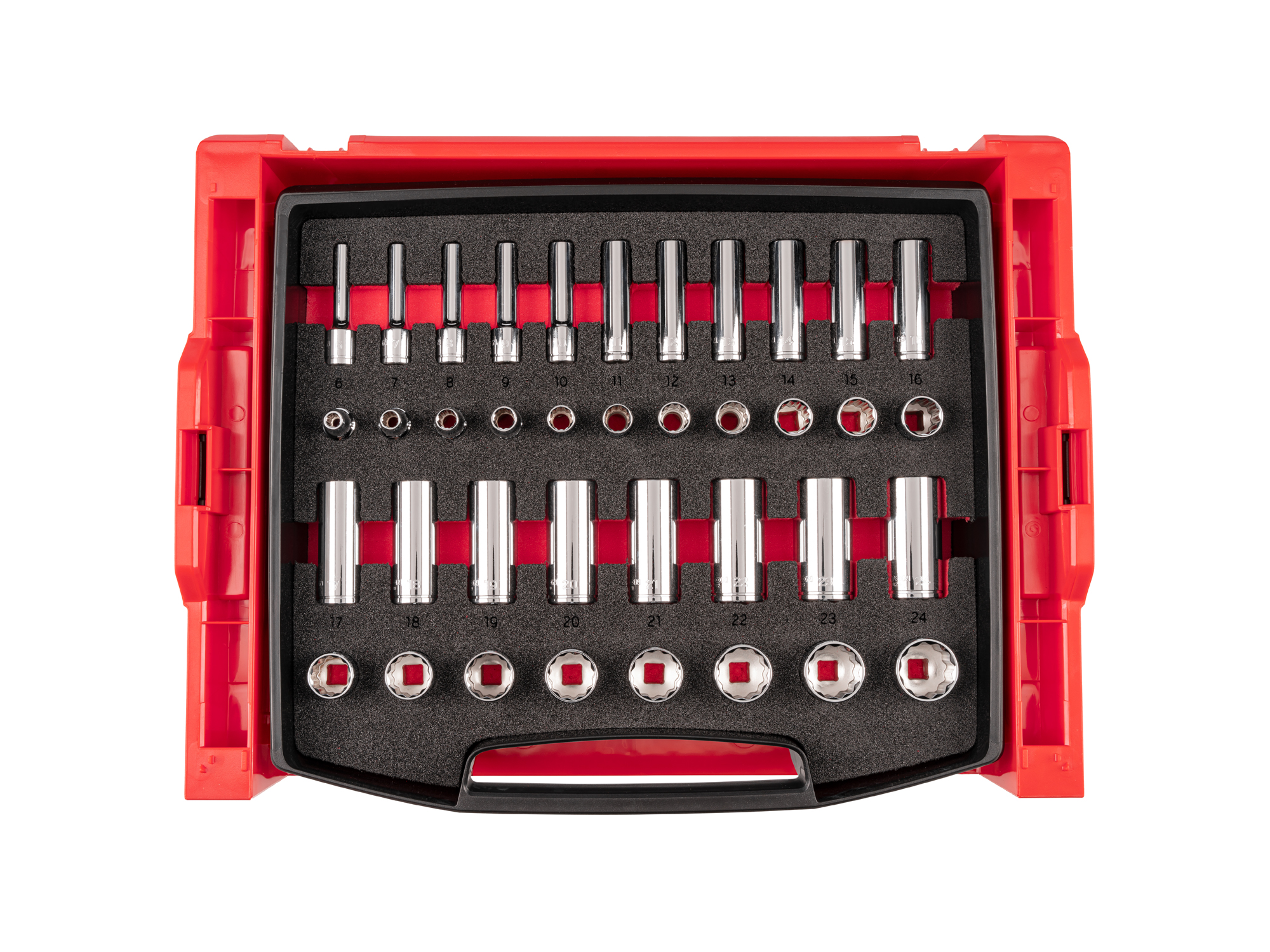 38-piece set includes 6–24 mm (SAE) 12-point standard and deep length hand drive sockets with L-BOXX stacking organization system. No skipped sizes. OLB94308.