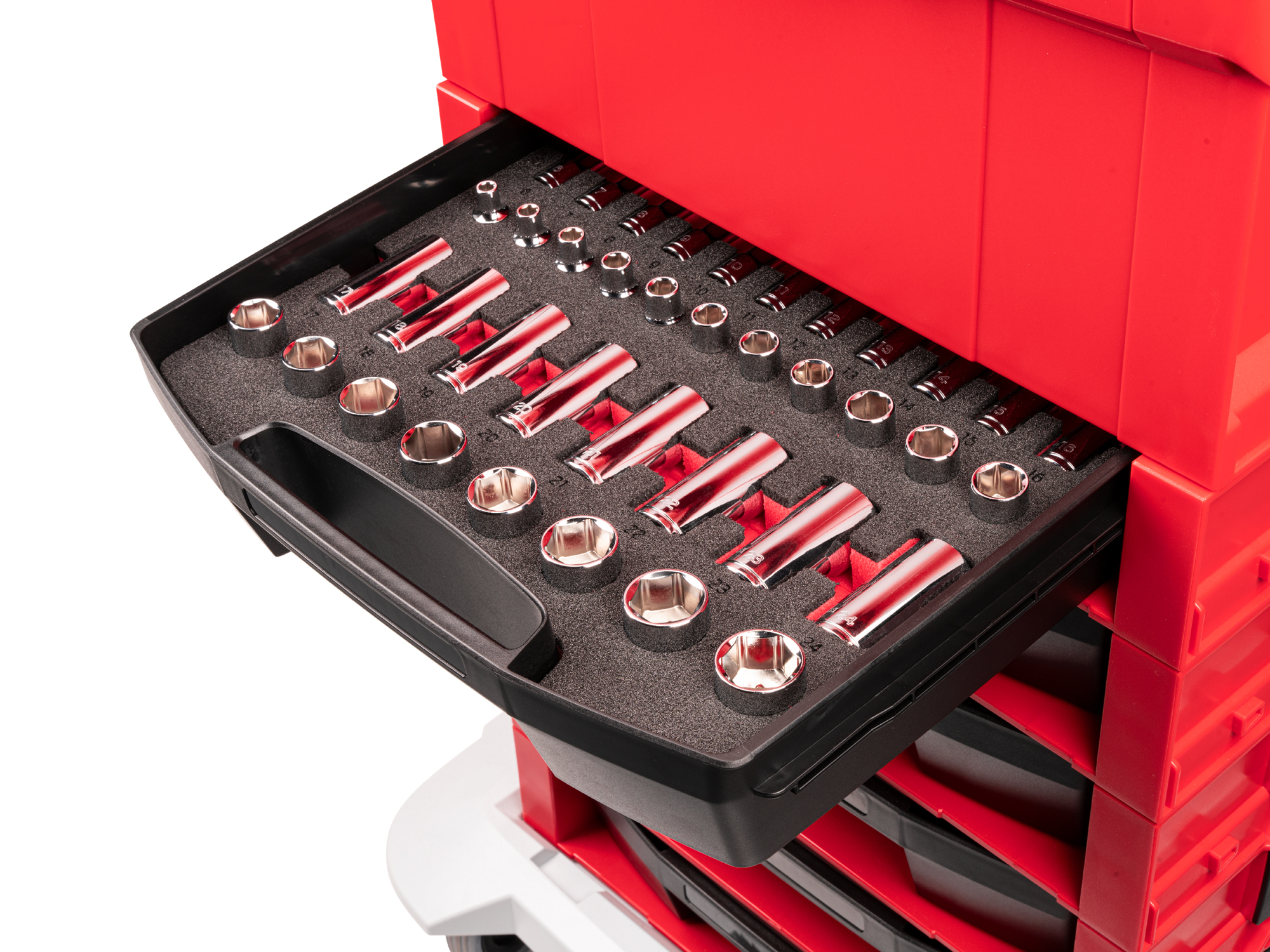 38-piece set includes 6–24 mm (SAE) 12-point standard and deep length hand drive sockets with L-BOXX stacking organization system. No skipped sizes. OLB94308.