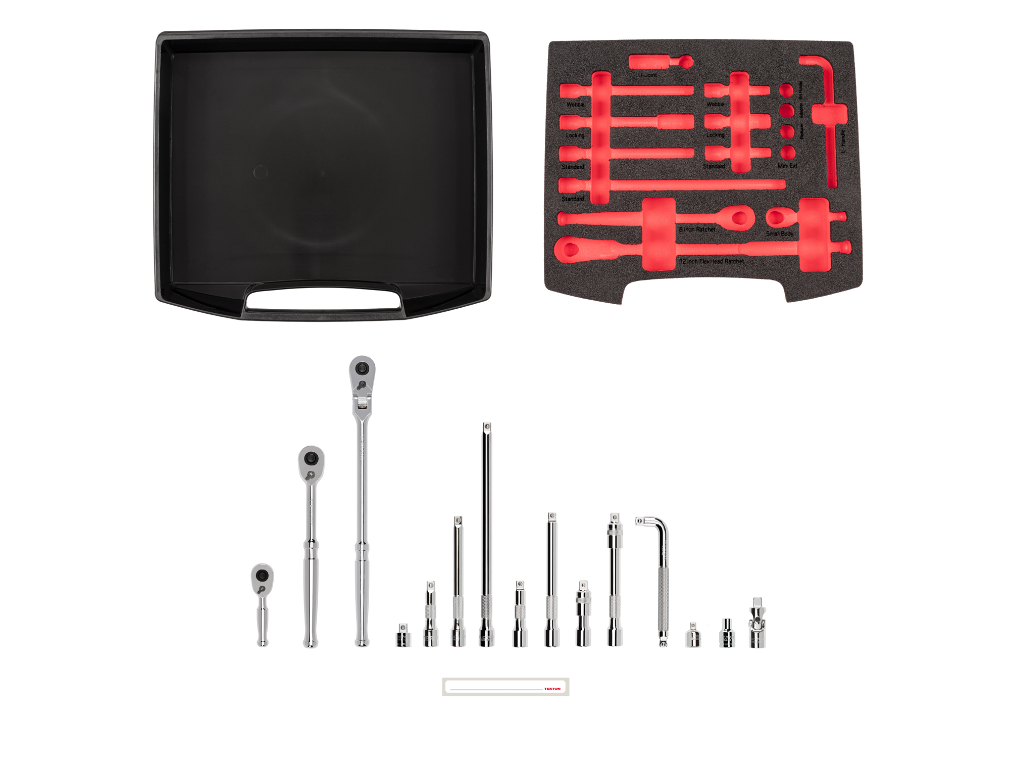 16-piece set includes 3/8 inch drive ratchets, extensions, wobble L-handle, universal joint, magnetic hex bit holder, adapter, and reducer in foam. OLB94309.