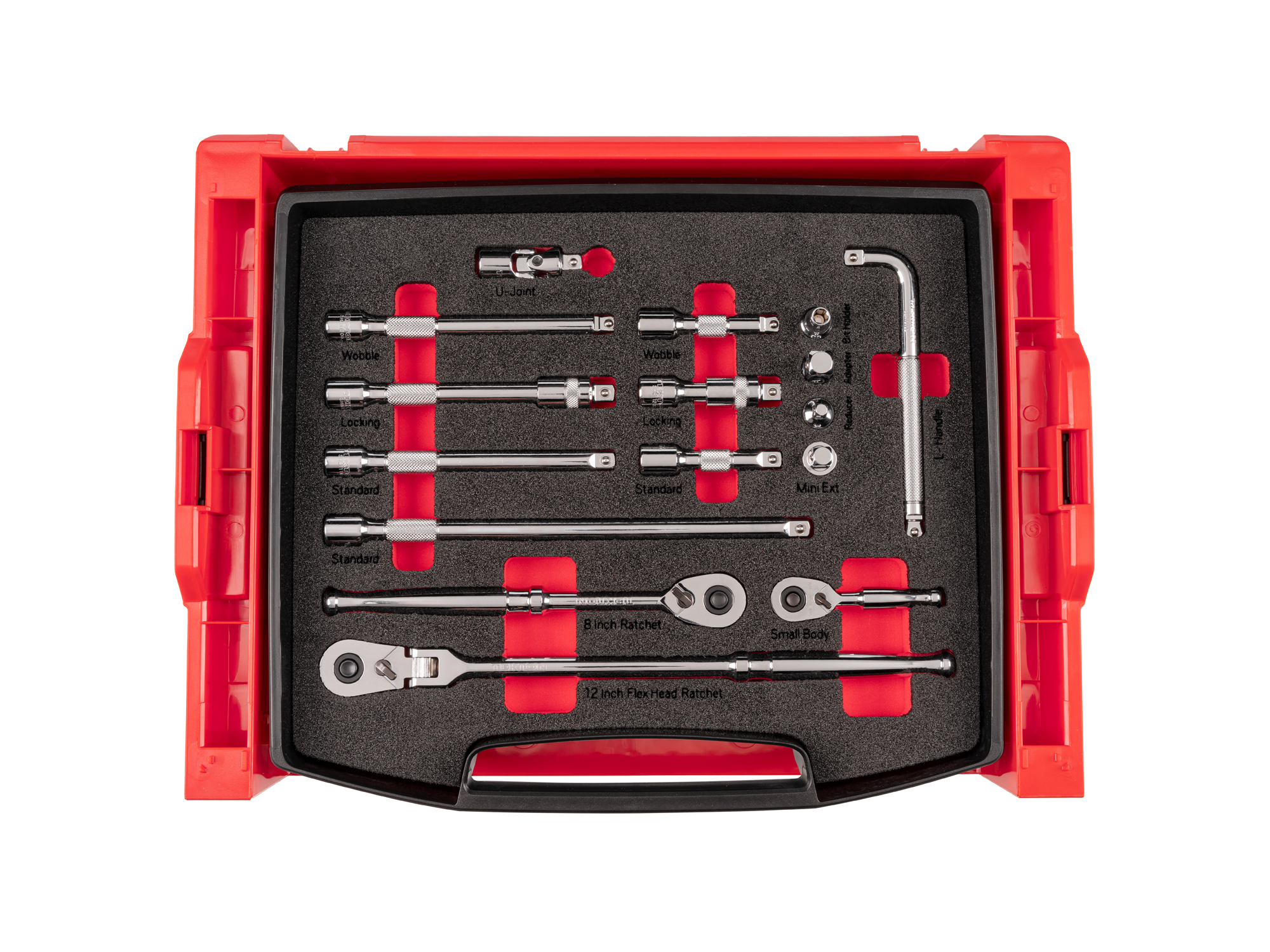 16-piece set includes 3/8 inch drive ratchets, extensions, wobble L-handle, universal joint, magnetic hex bit holder, adapter, and reducer in foam. OLB94309.