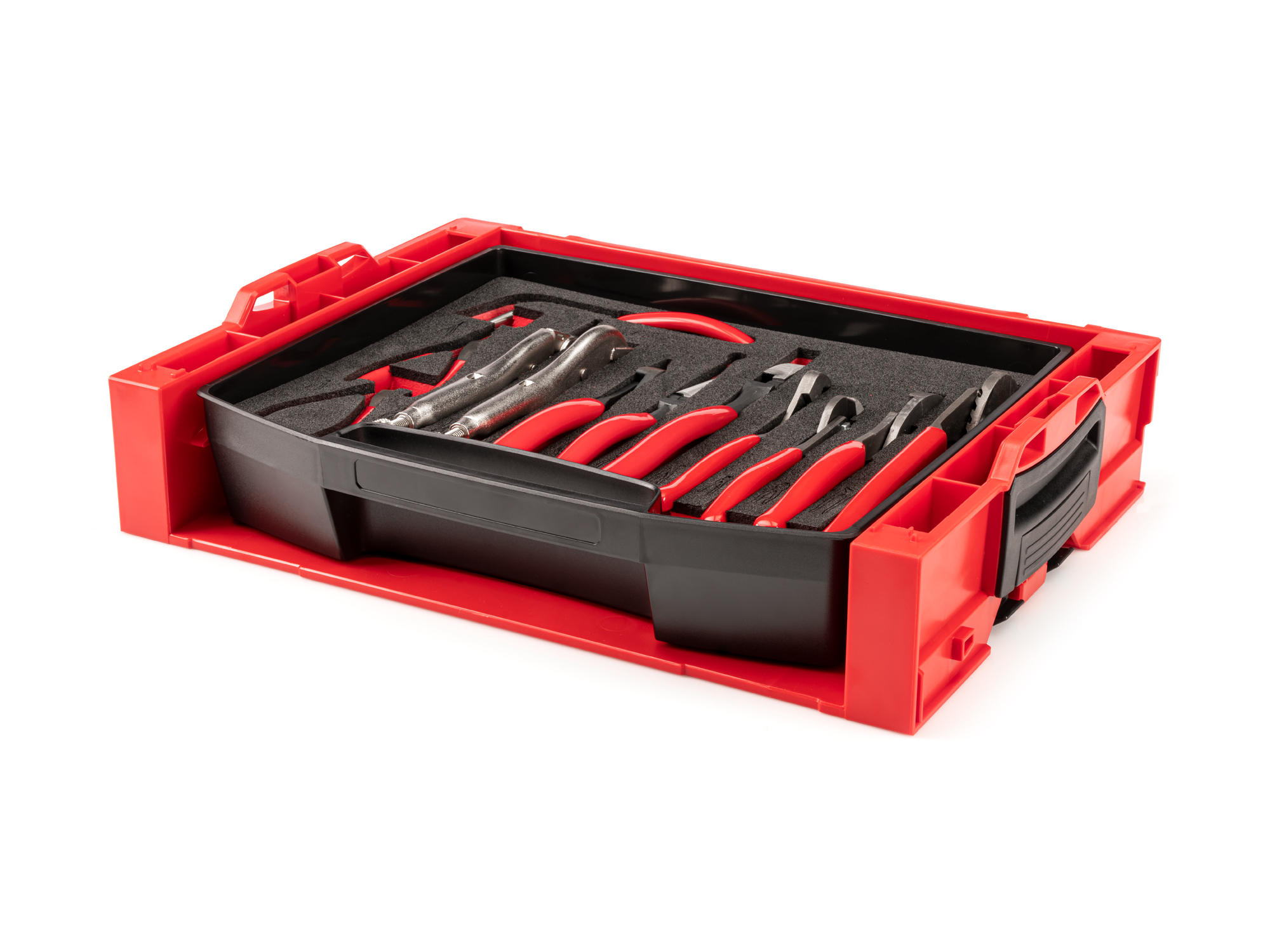 Set includes Locking, Lineman's Long Nose, Nut Jaw, Cutting, Slip Joint, Groove Joint, and Mini Pliers. Comes in i-BOXX drawer with foam. OLB94501.