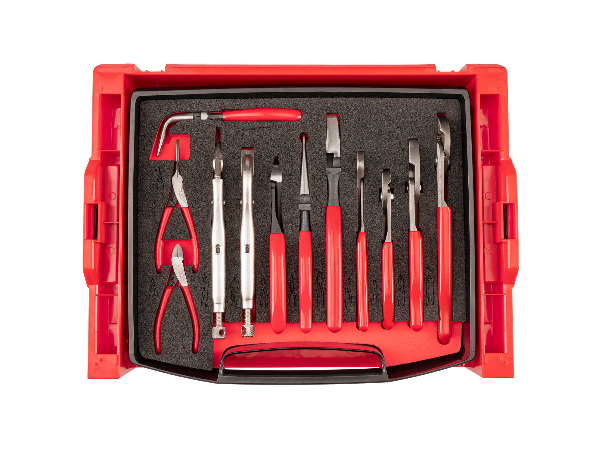 Set includes Locking, Lineman's Long Nose, Nut Jaw, Cutting, Slip Joint, Groove Joint, and Mini Pliers. Comes in i-BOXX drawer with foam. OLB94501.