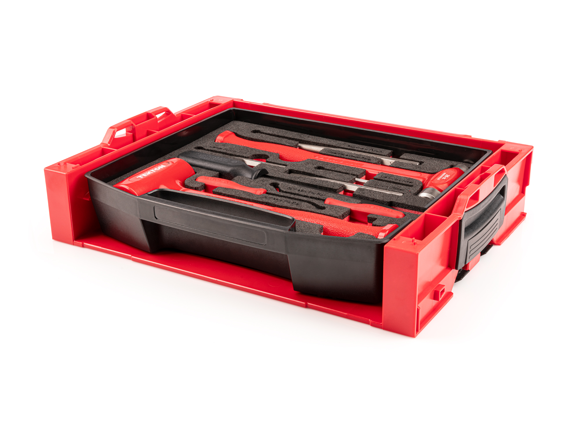 Set includes a 26 oz. dead blow and flat steel face dead blow hammer, two mini pry bars, a 12 inch full-size pry bar, punches, and chisels with L-BOXX stacking organization drawer. OLB94701.