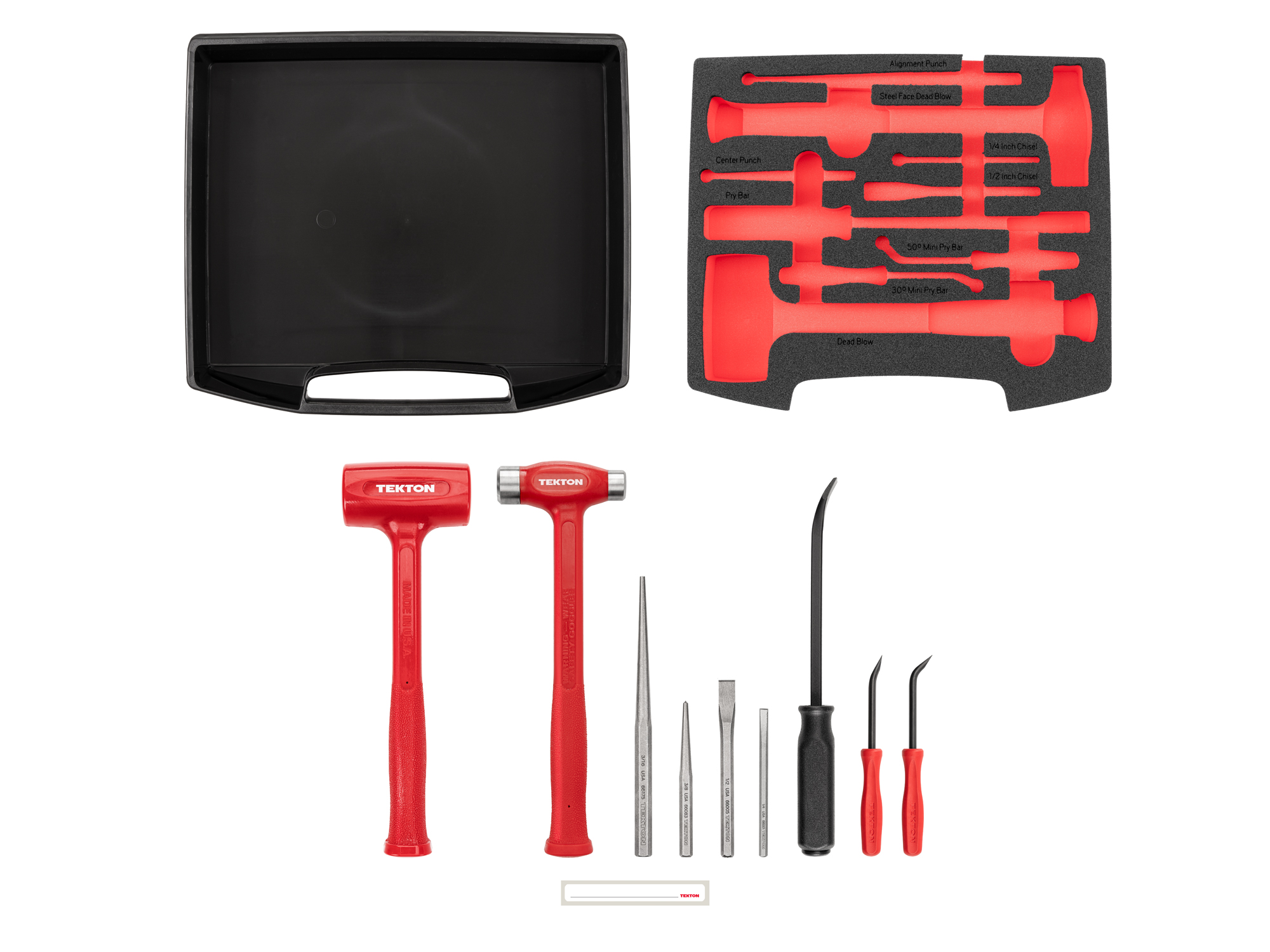 Set includes a 26 oz. dead blow and flat steel face dead blow hammer, two mini pry bars, a 12 inch full-size pry bar, punches, and chisels with L-BOXX stacking organization drawer. OLB94701.