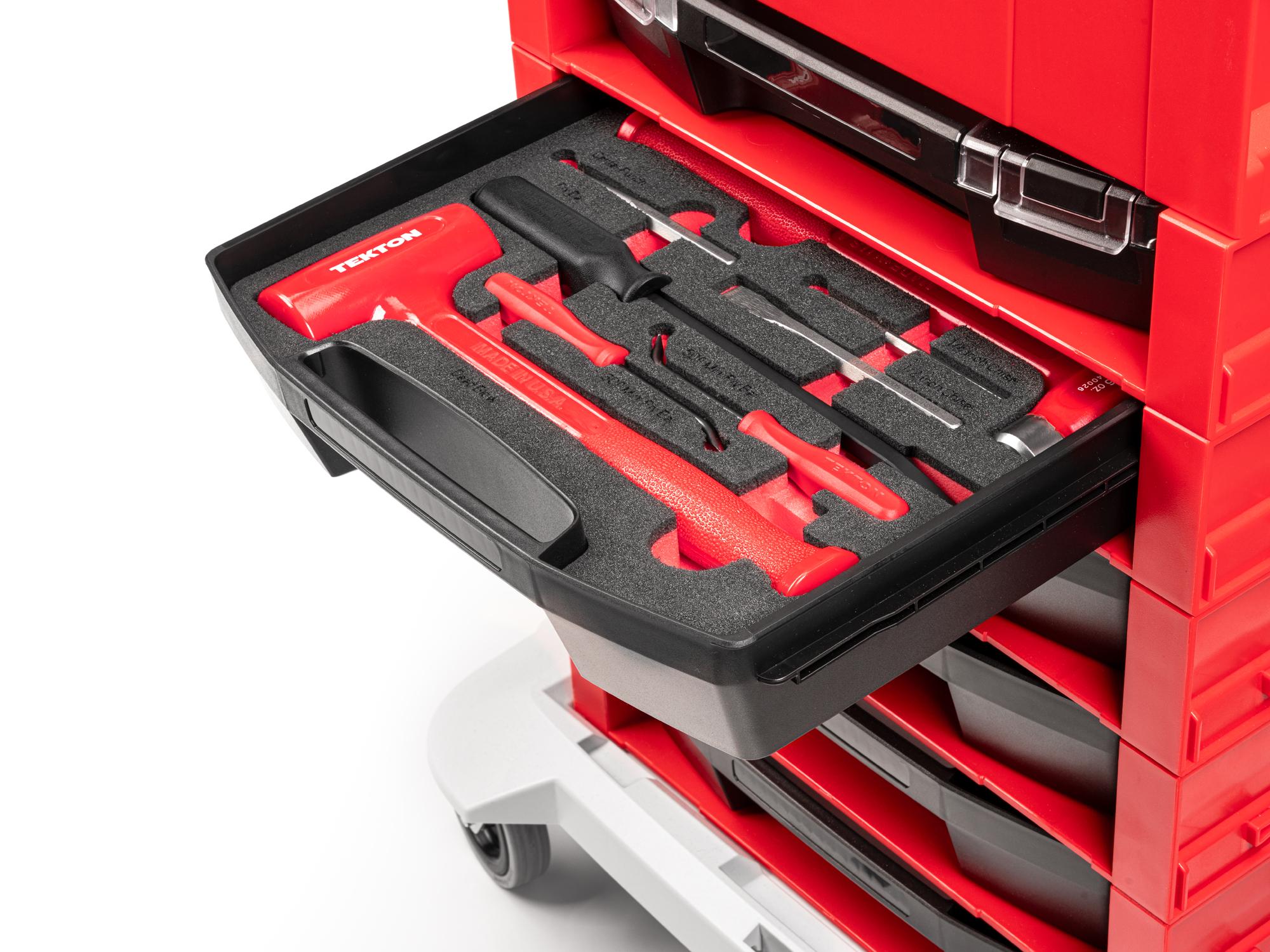 Front angled view of Tekton stacking organization system set in a tool cabinet drawer. Item #OLB94701.