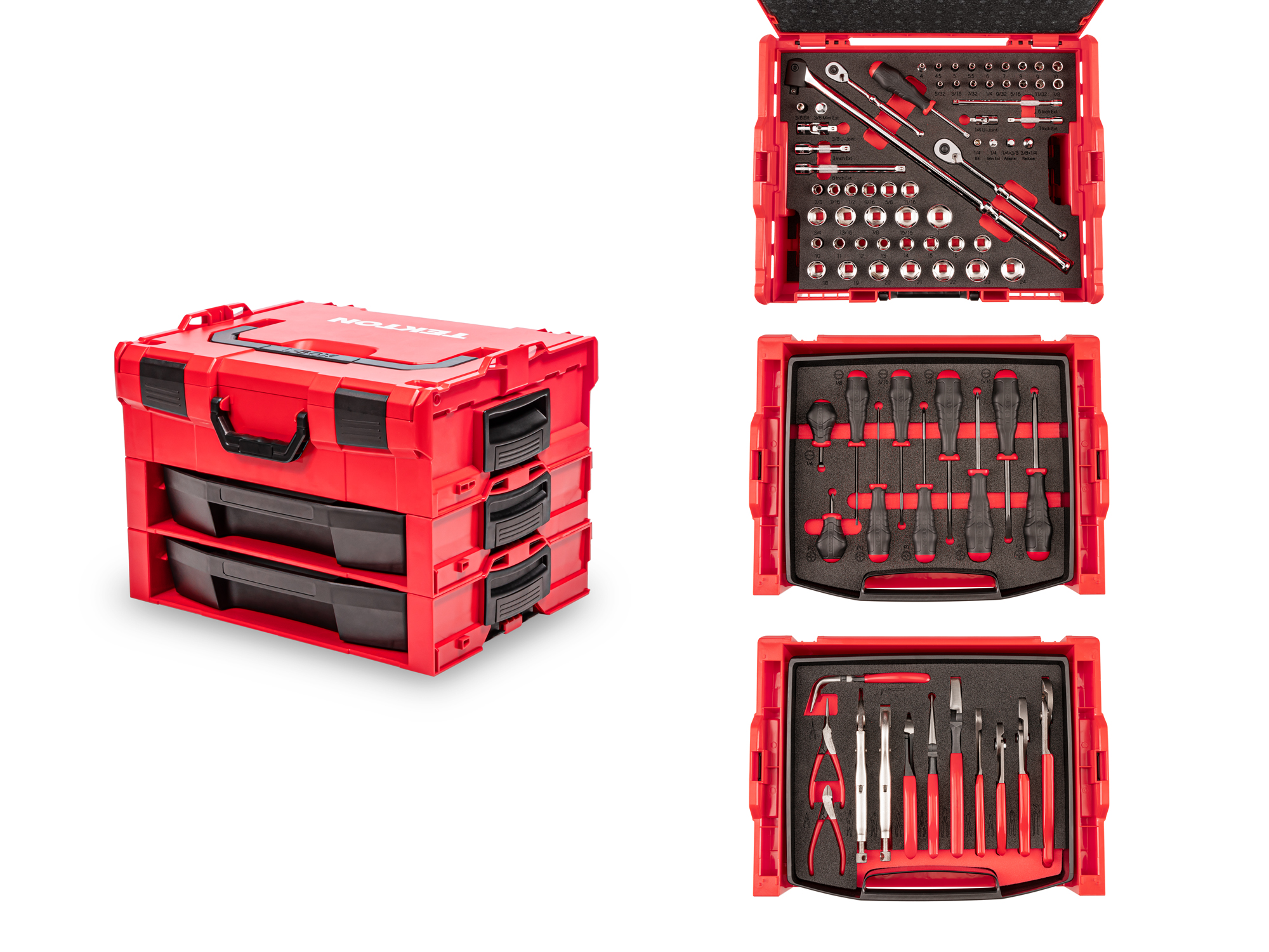 1/4, 3/8 Inch Drive 6-Point Socket and Ratchet, Screwdriver, and Pliers Set in Modular Stacking Tool Box, 2-Drawer (127-Piece)