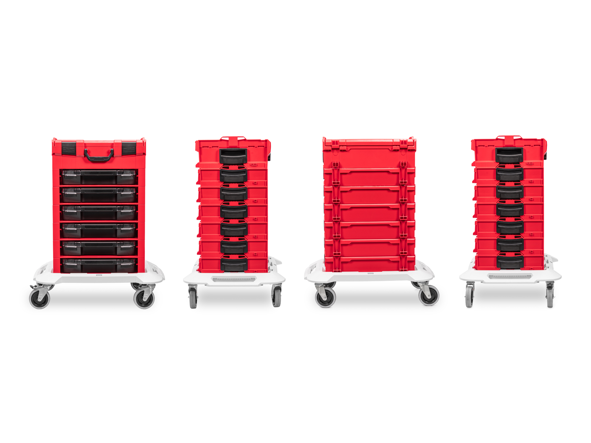 Cart includes stacking tool box with 8-cavity tray and 6 lidded drawers in stacking drawer racks with 4-cavity, 8-cavity, and 12-cavity trays on rolling dolly. OLB99201.