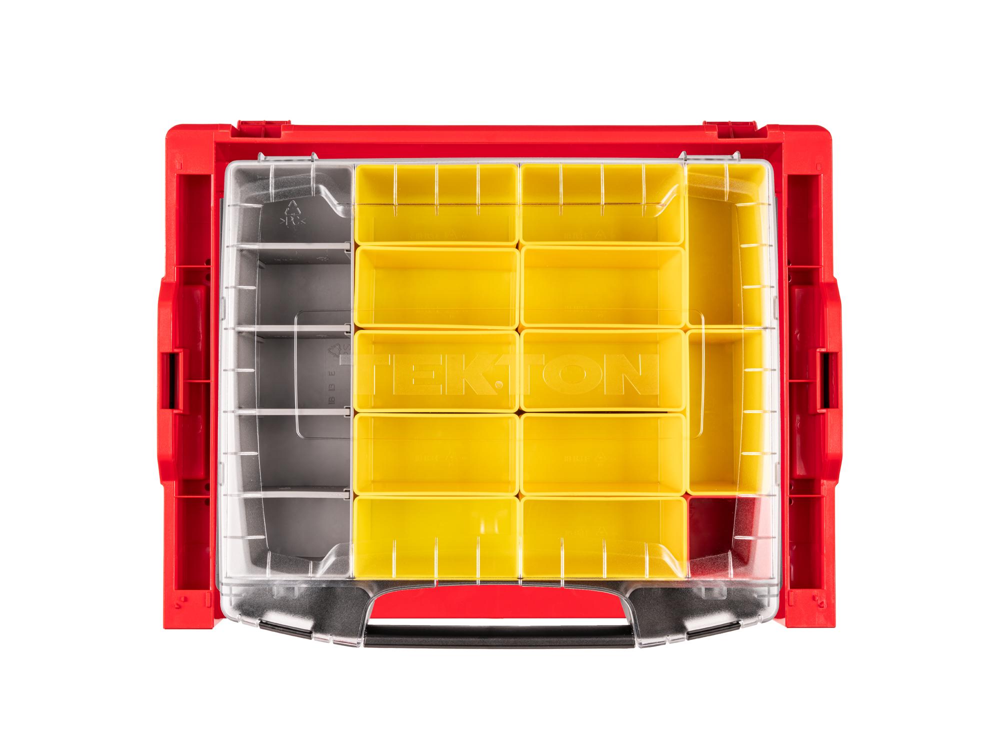 A red Tekton stacking organization drawer filled with yellow, red, and gray organizer bins. Item #OLB99203.