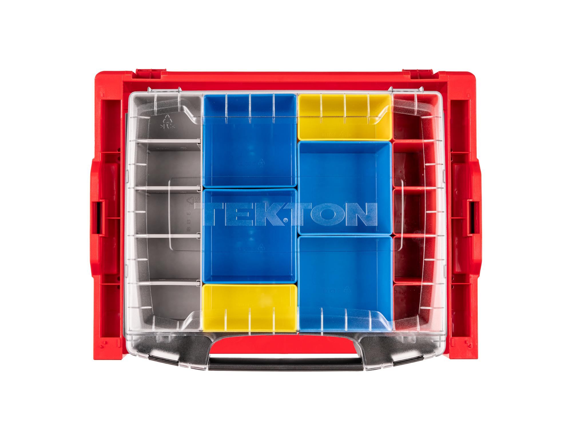 A red Tekton stacking organization drawer filled with red, blue, yellow, and gray organization bins. Item #OLB99203.