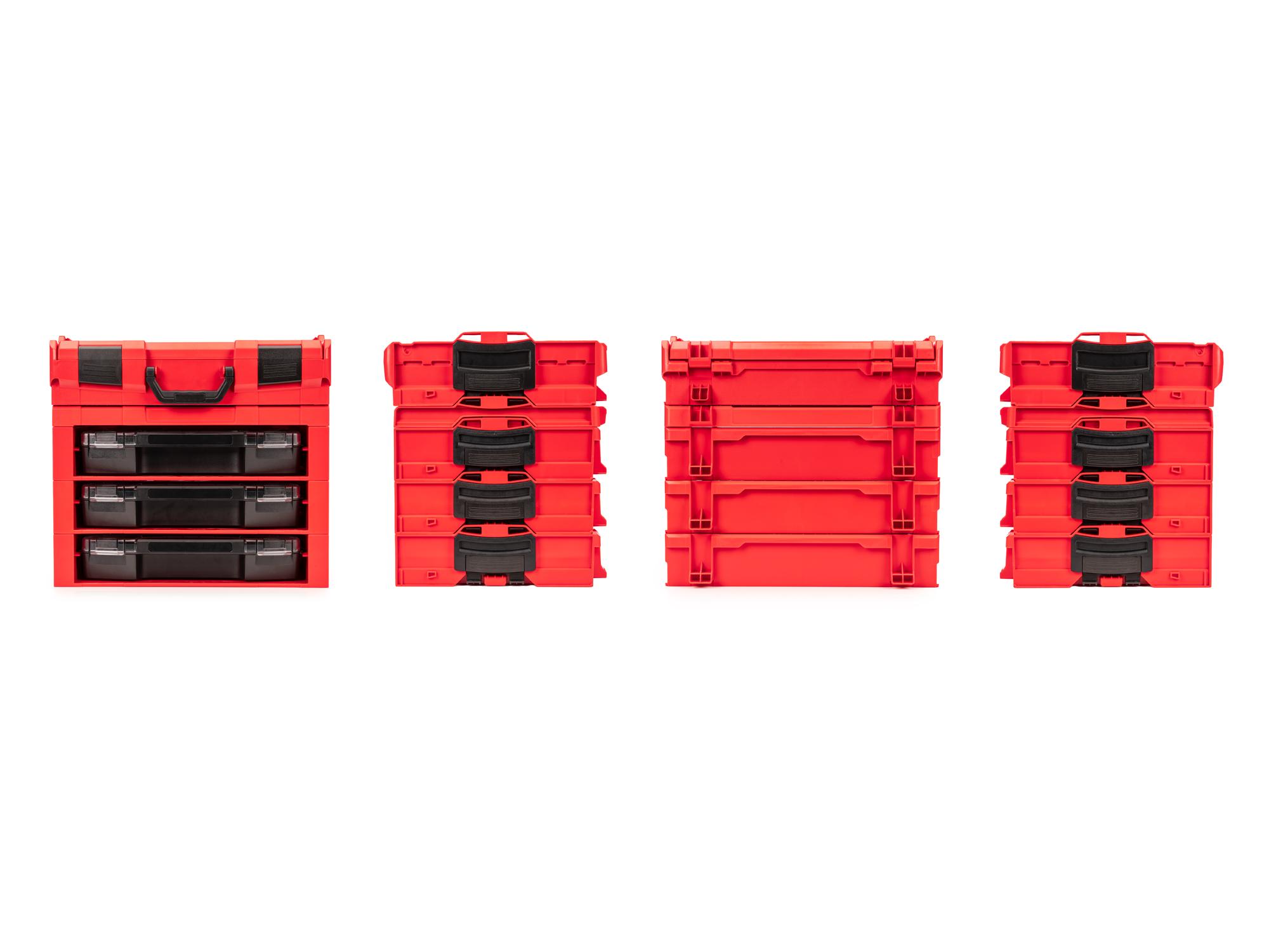 Four angled views of red stacking organization stacks with drawers. Item #OLB99203.