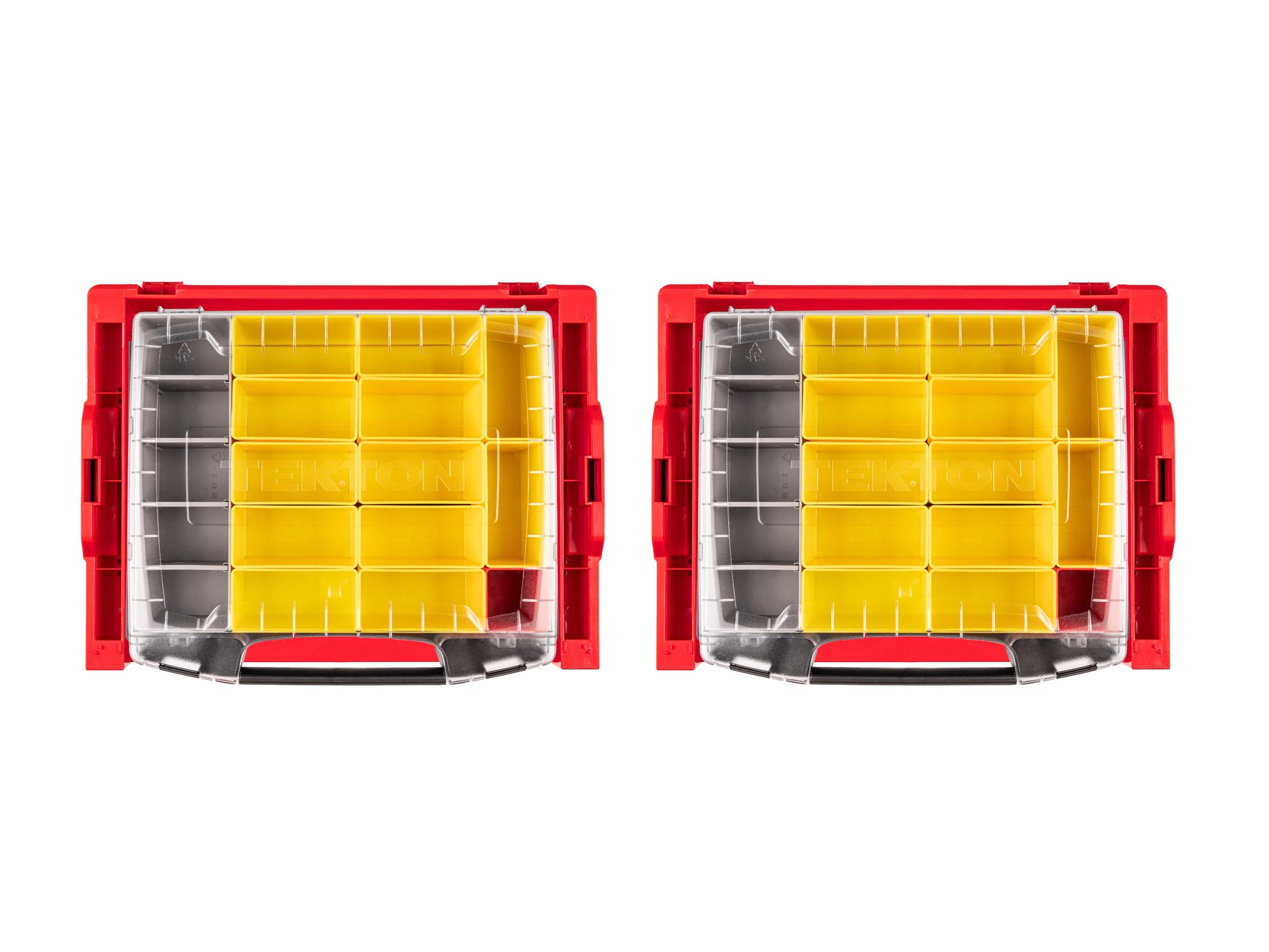 Two red Tekton stacking organization drawers filled with red, yellow, and gray organization bins. Item #OLB99204.