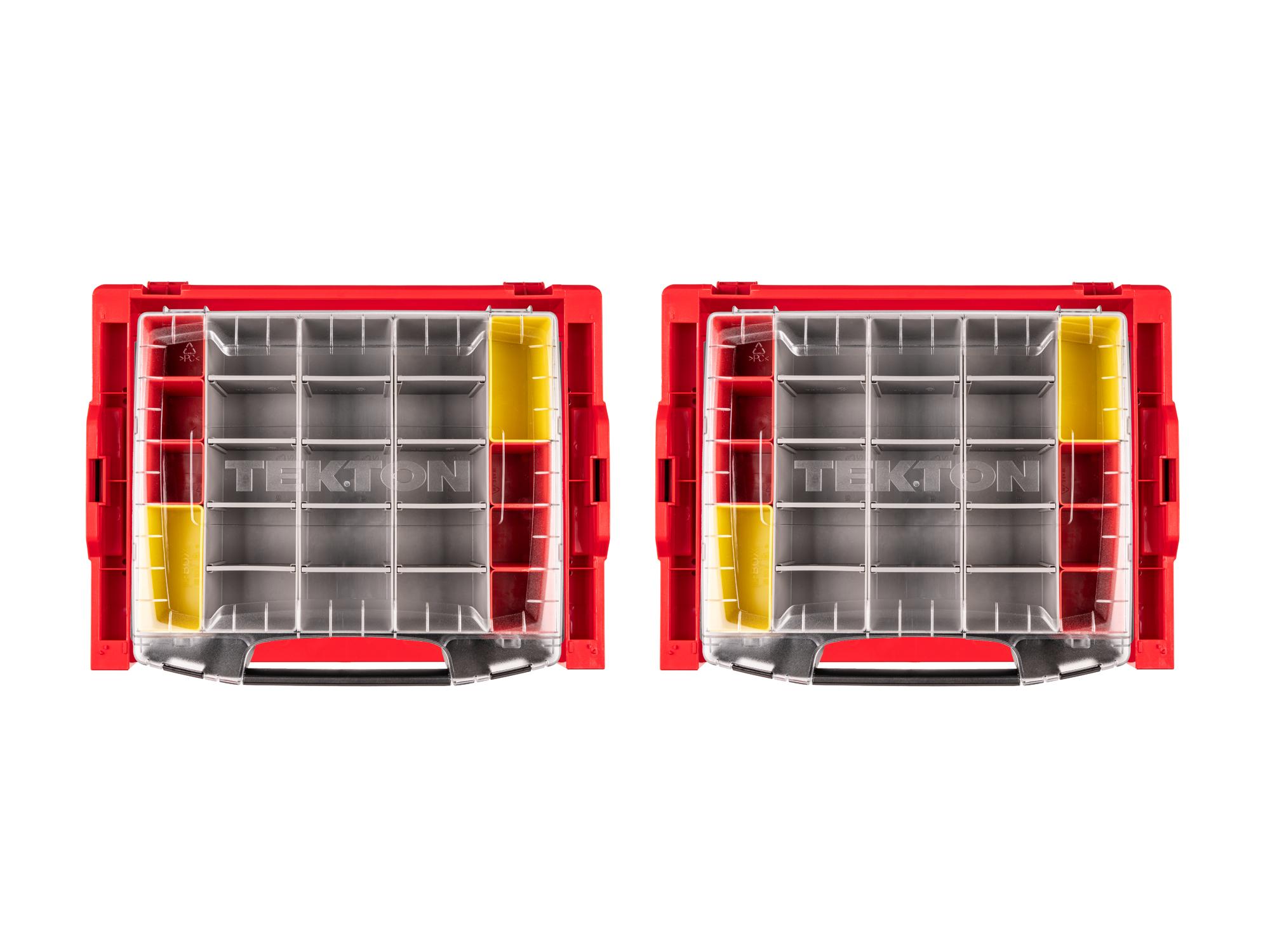 Two red Tekton stacking organization drawers filled with gray, yellow, and red organization bins. Item #OLB99204.