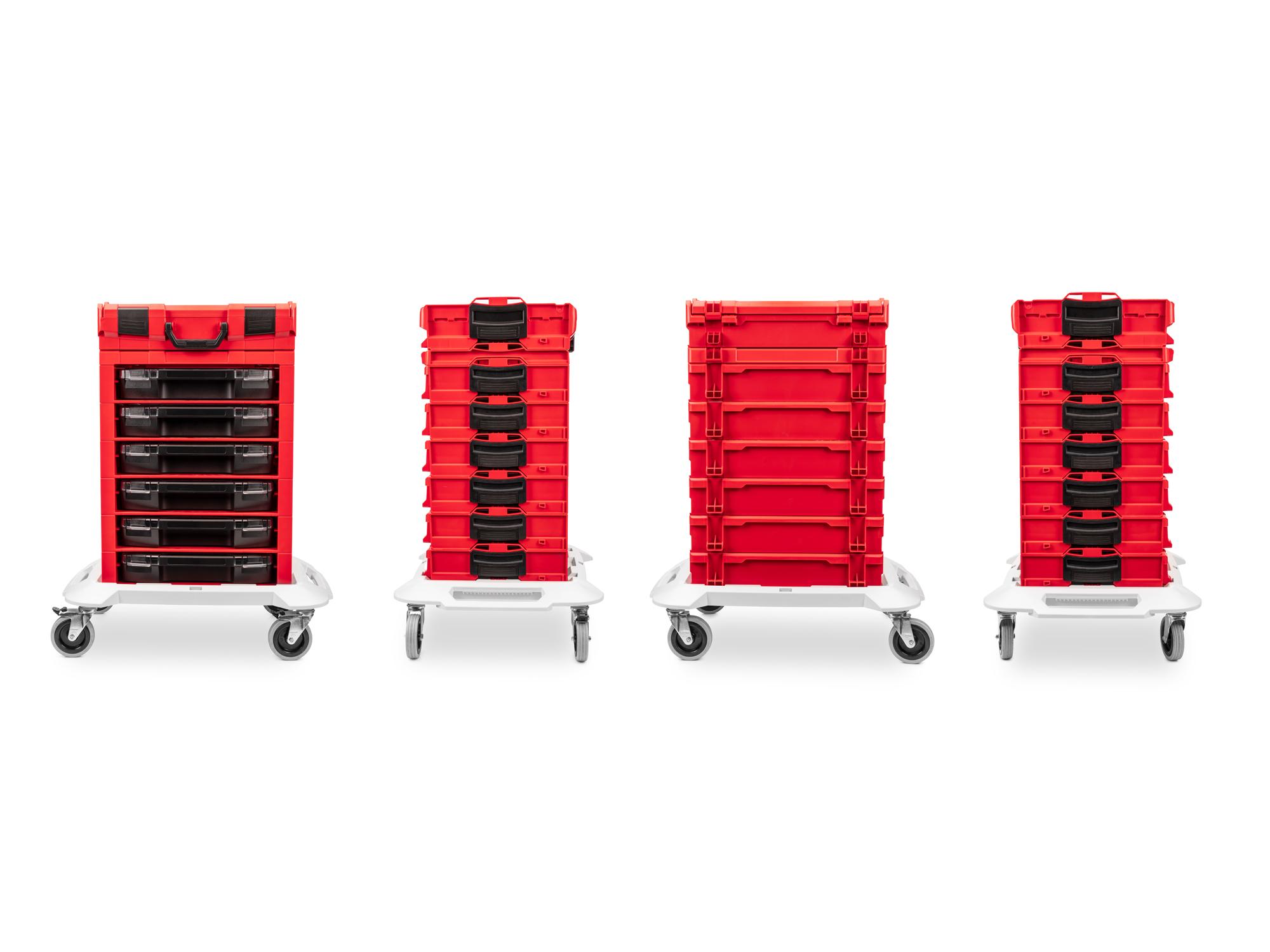Four angled views of Tekton's red stacking organization system on dollys. Item #OLB99204.