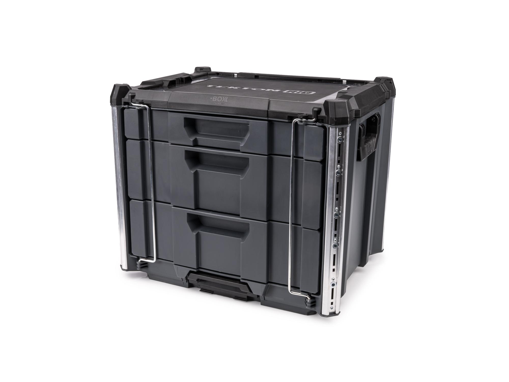 Angled view of slate gray Tekton RIG 3-Drawer Tool Box. OLC52320