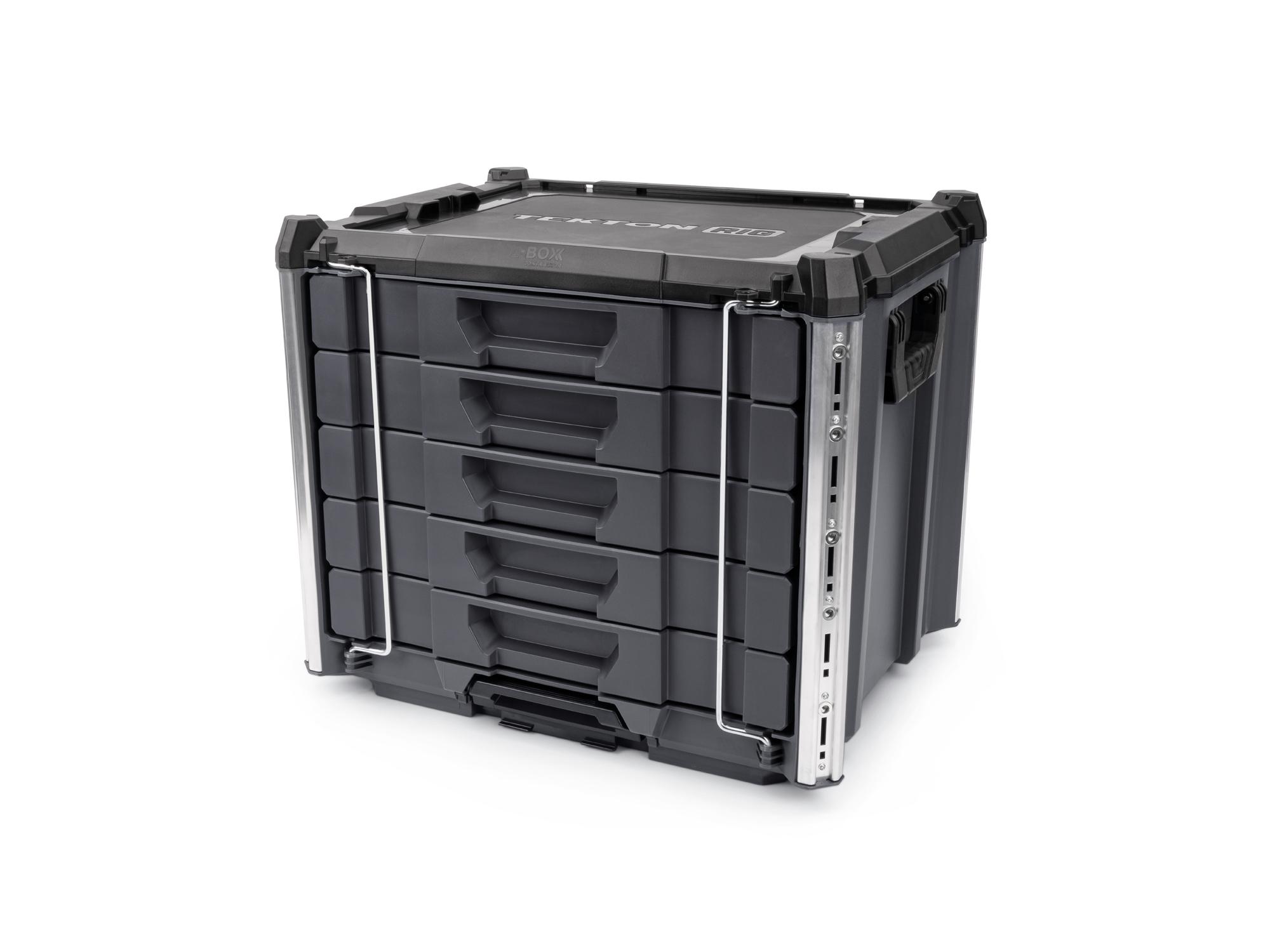 Angled view of slate gray Tekton RIG 5-Drawer Unit. OLC52520