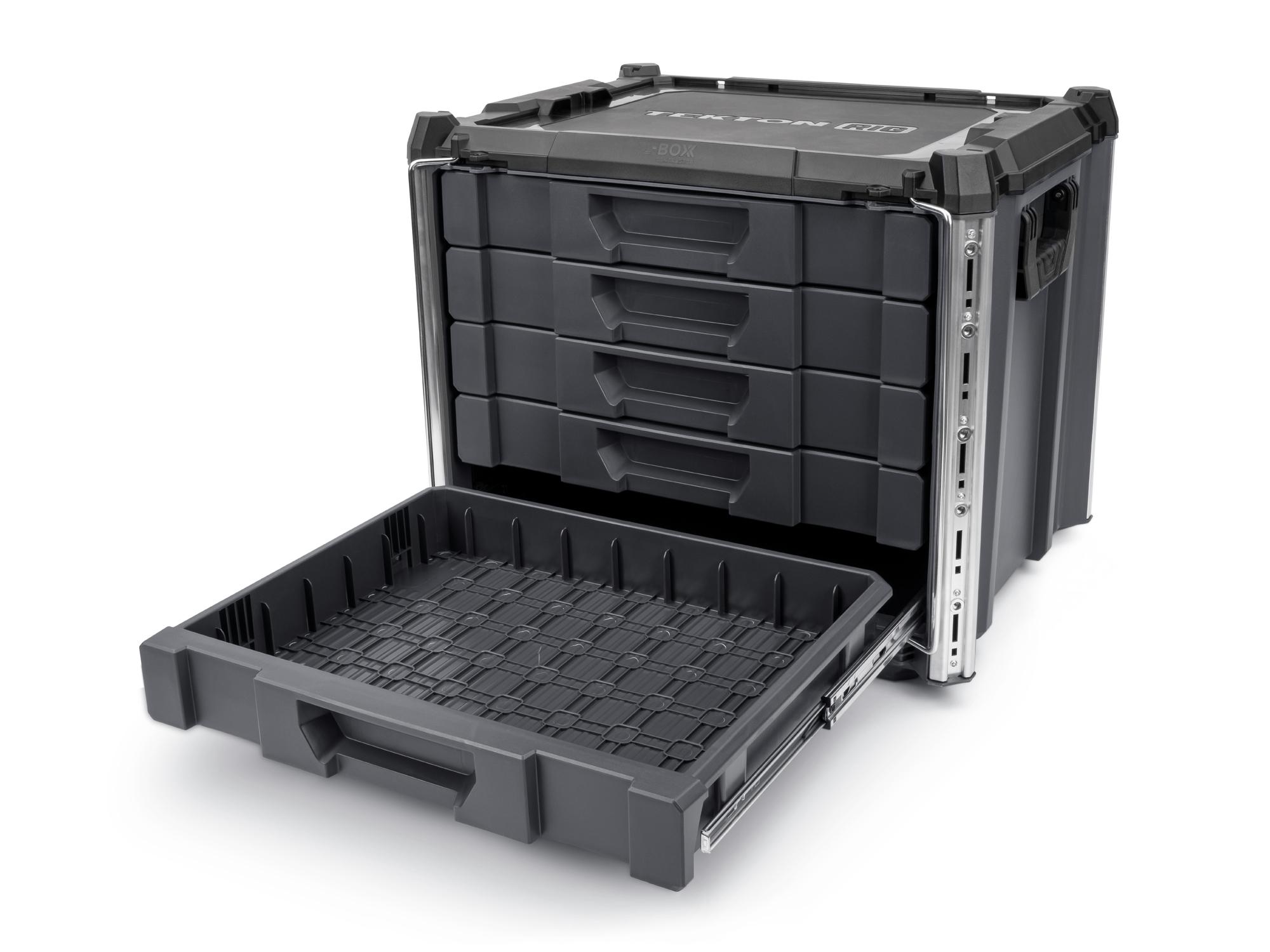 Angled view of slate gray Tekton RIG 5-Drawer Unit. OLC52520