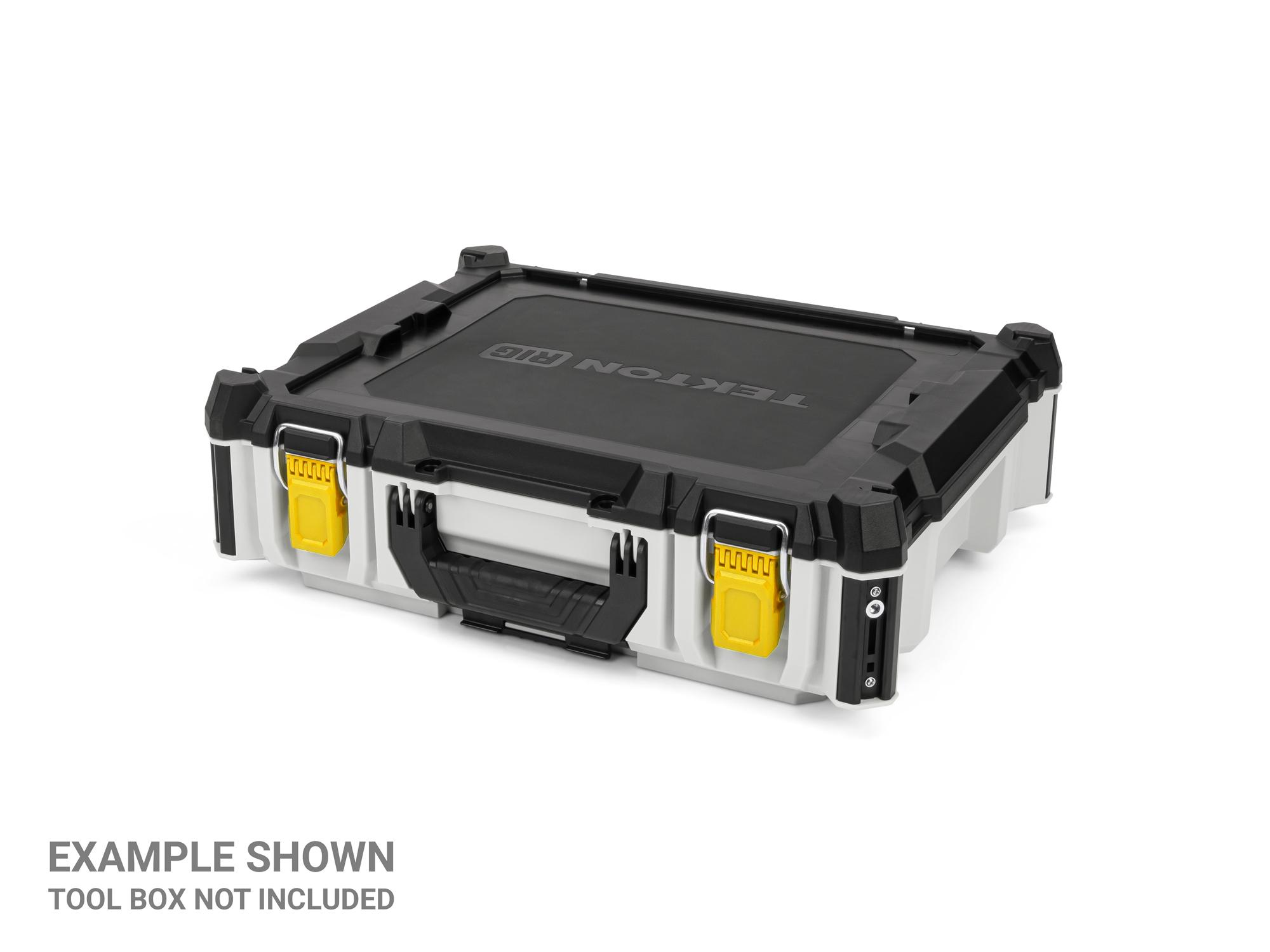 Angled view of yellow Tekton RIG Stacking Tool Box Latches, 2-Piece. OLC98402