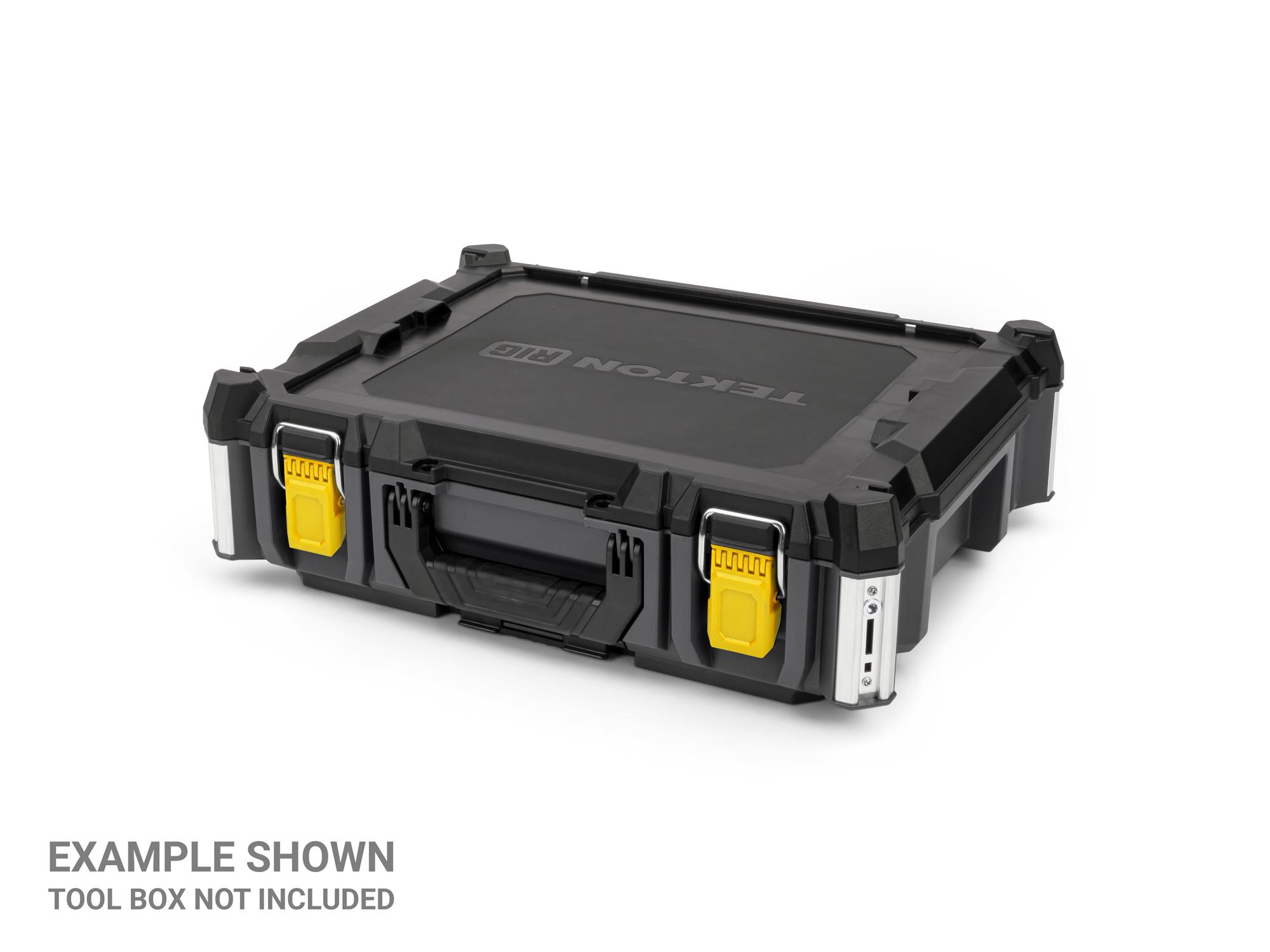 Angled view of yellow Tekton RIG stacking tool box latches, 2-piece. OLC98402