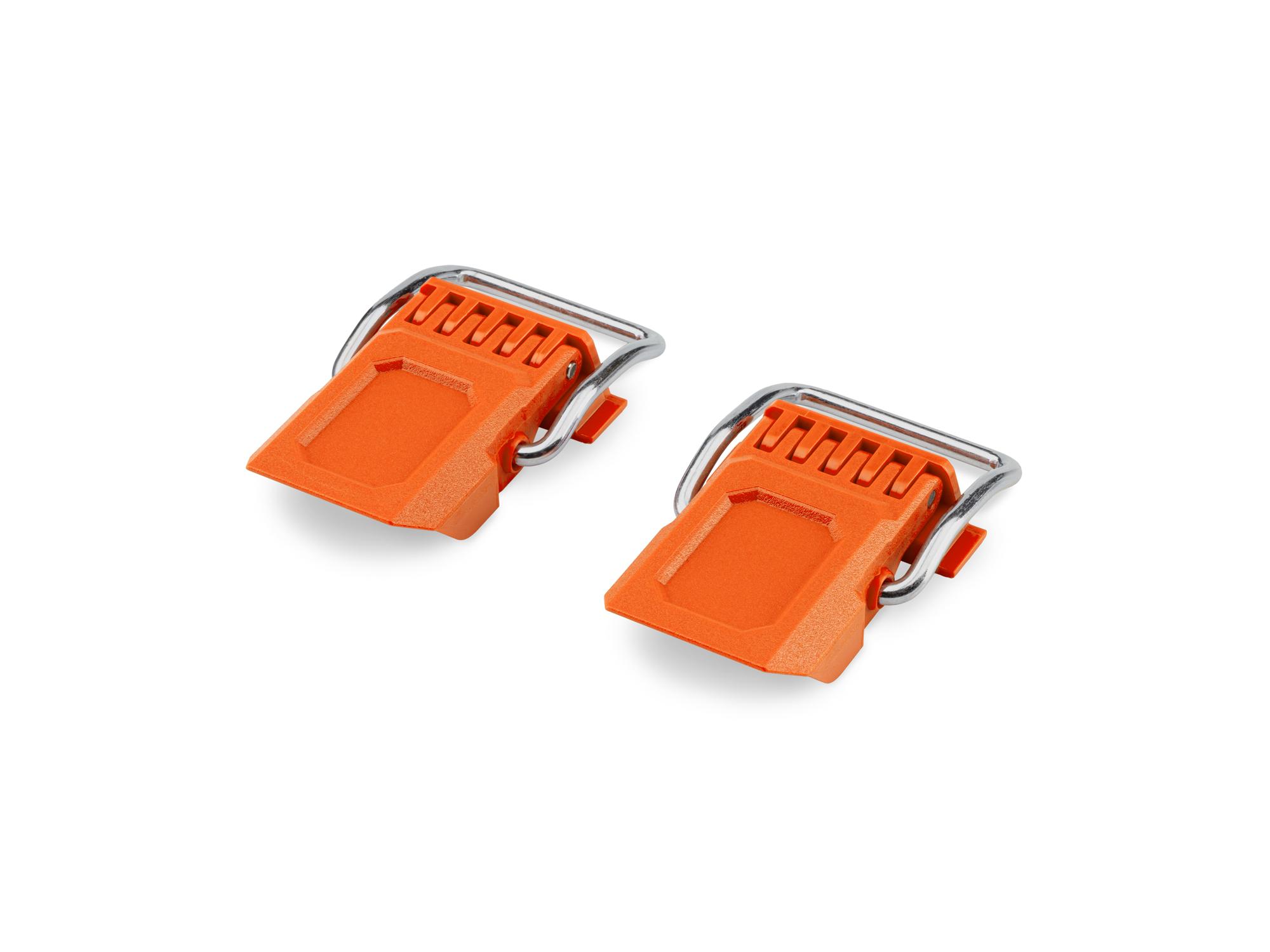 Angled view of orange Tekton RIG stacking tool box latches, 2-piece. OLC98403