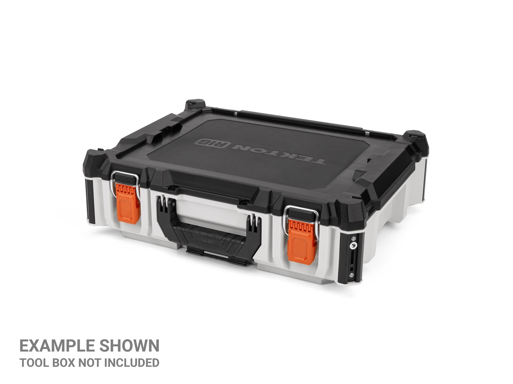 Angled view of orange Tekton RIG stacking tool box latches, 2-piece. OLC98403